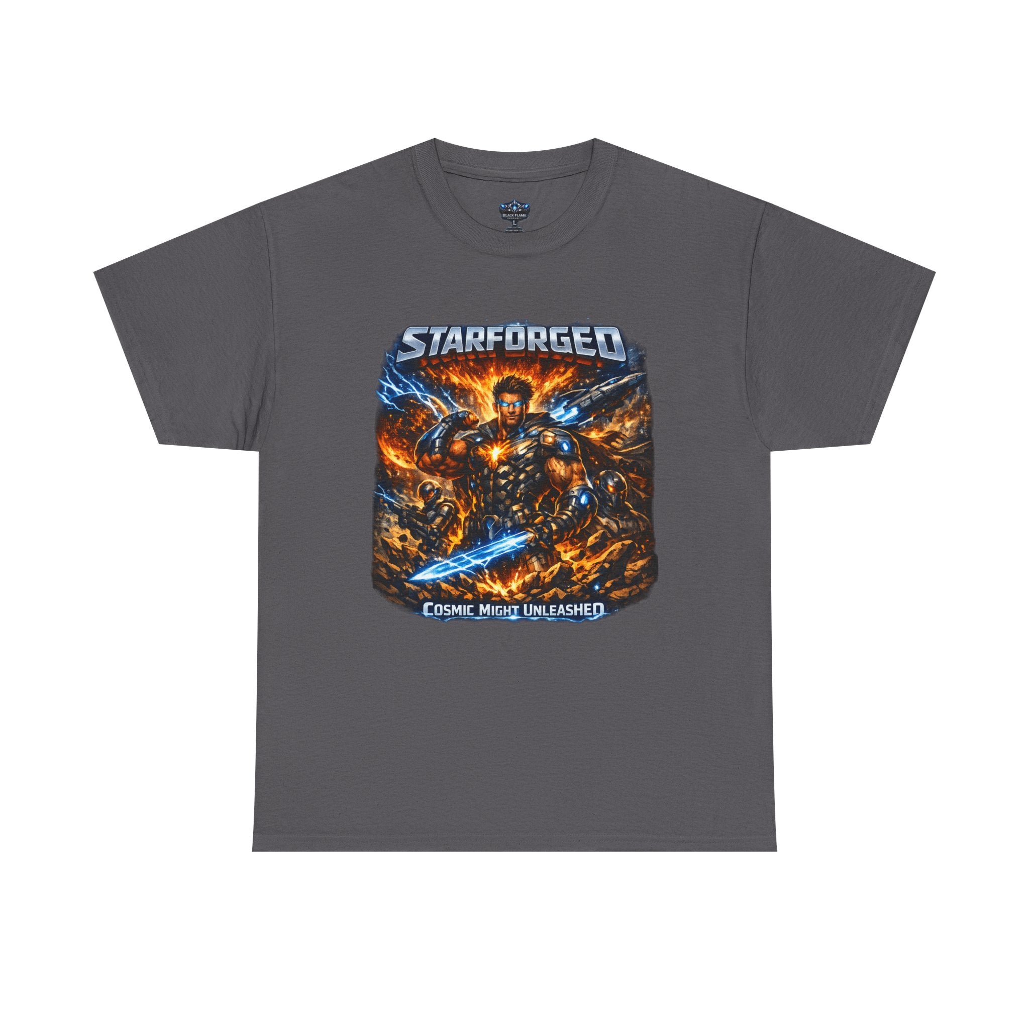 Starforged Flex : Cosmic Might Unleashed Illustration Graphic T by Power Runs Black