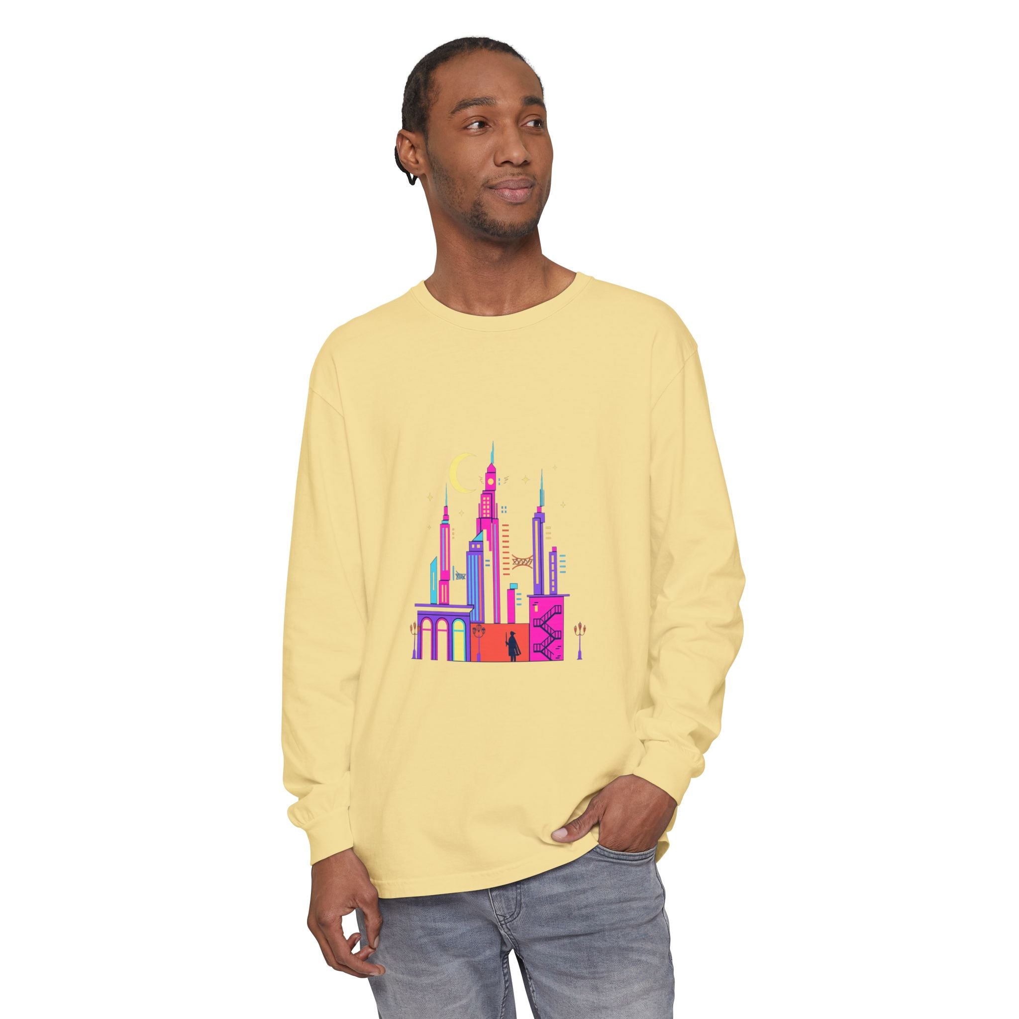 PRB Neon City Skyline Long Sleeve Shirt | Urban Nightscape Illustration by Power Runs Black