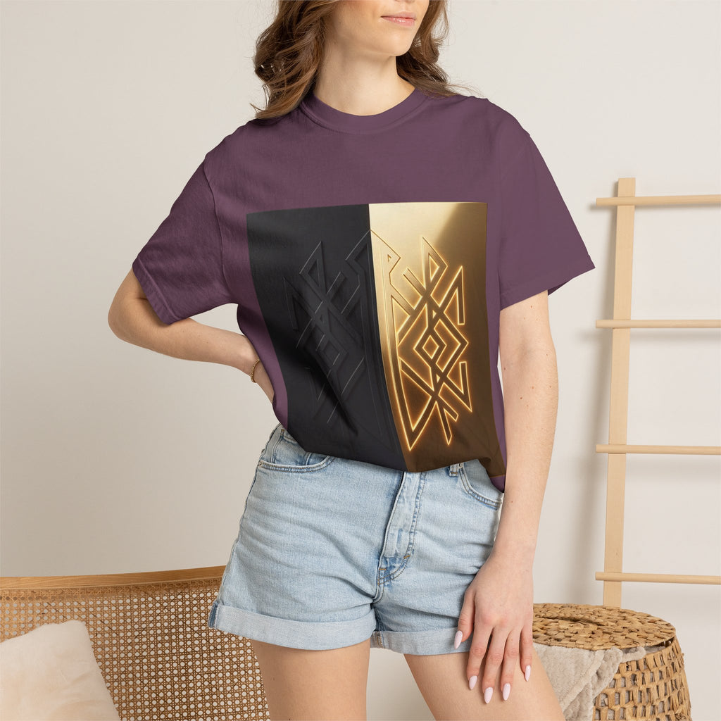 Power Runs Black PRB Geometric Split Glow T-Shirt — Black & Gold Tribal Diamond Graphic by Power Runs Black