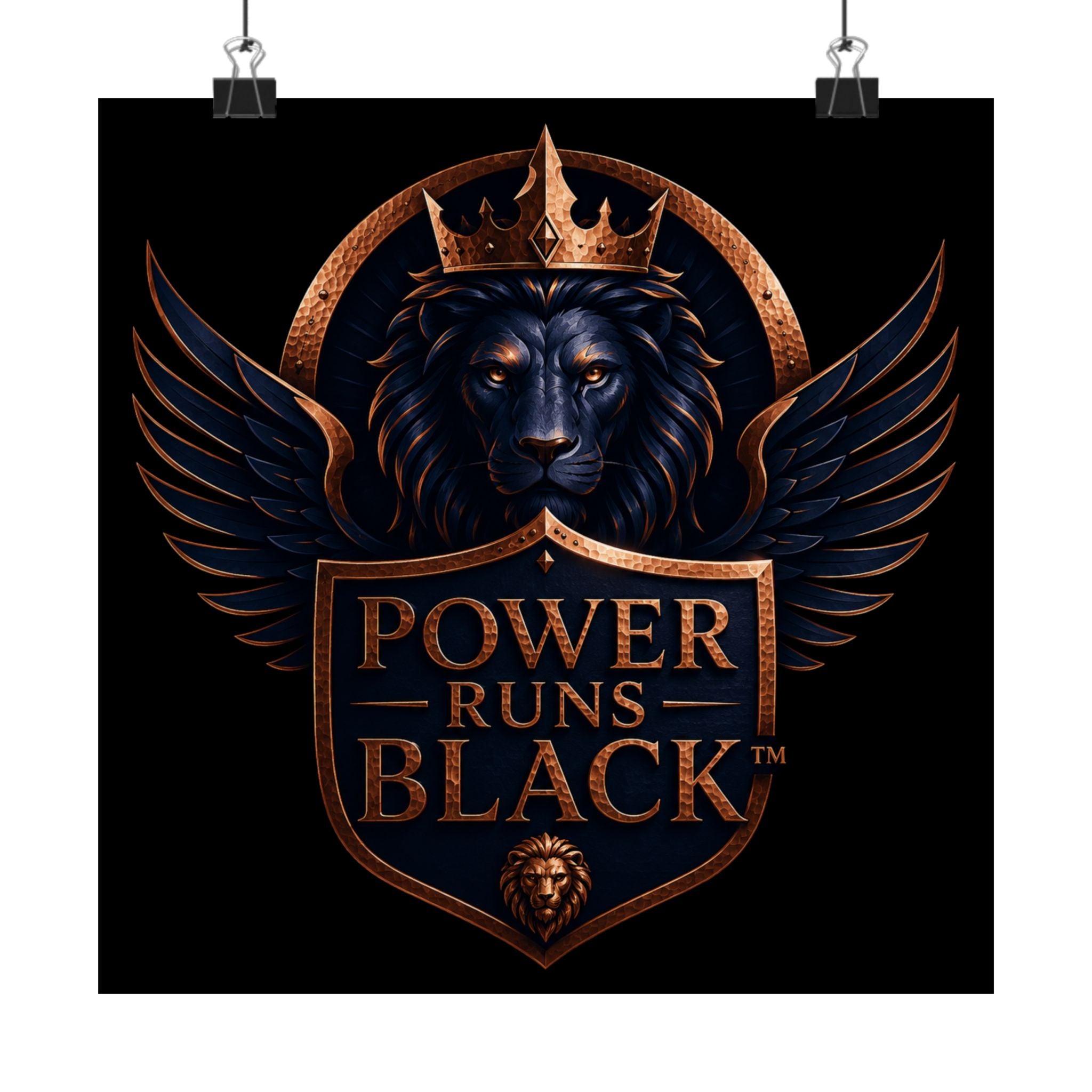 Power Runs Black Matte Poster — Regal Lion Crest Wall Art by Power Runs Black