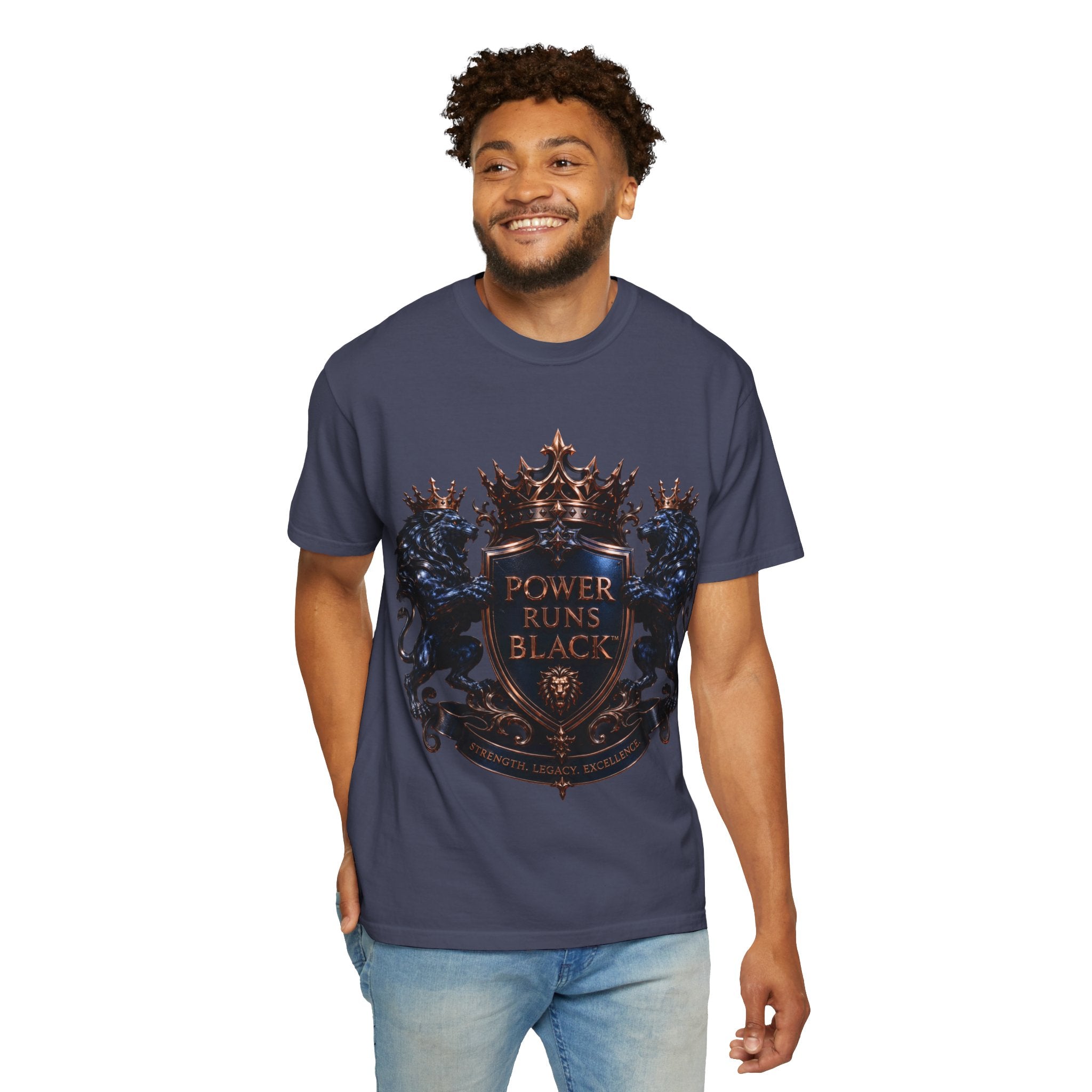 Power Runs Black Crest T-shirt | Heraldic Lion Shield Tee by Power Runs Black