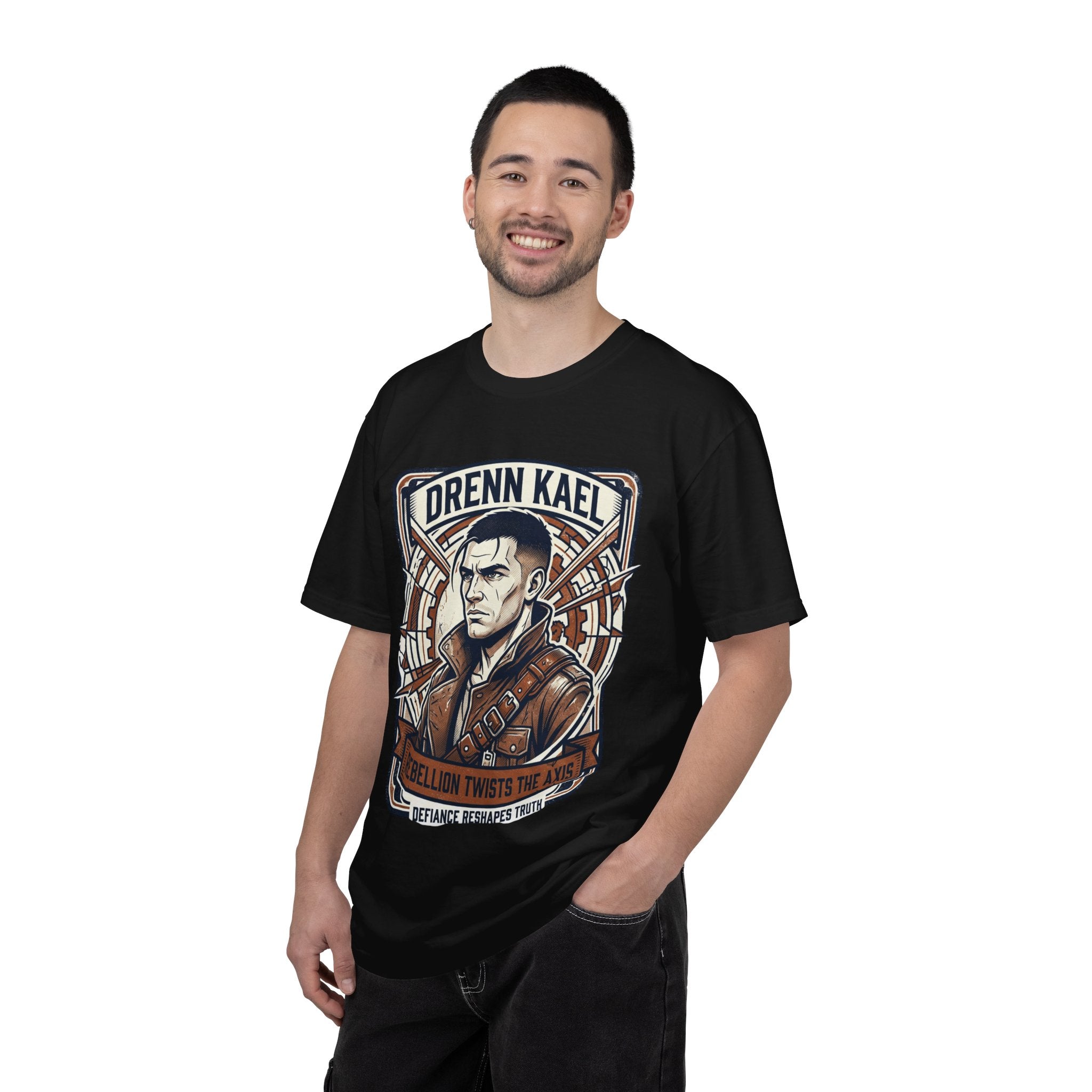 Power Runs Black PRB Drenn Kael Portrait T-Shirt — "Rebellion Twists the Axis" Graphic Tee by Printify