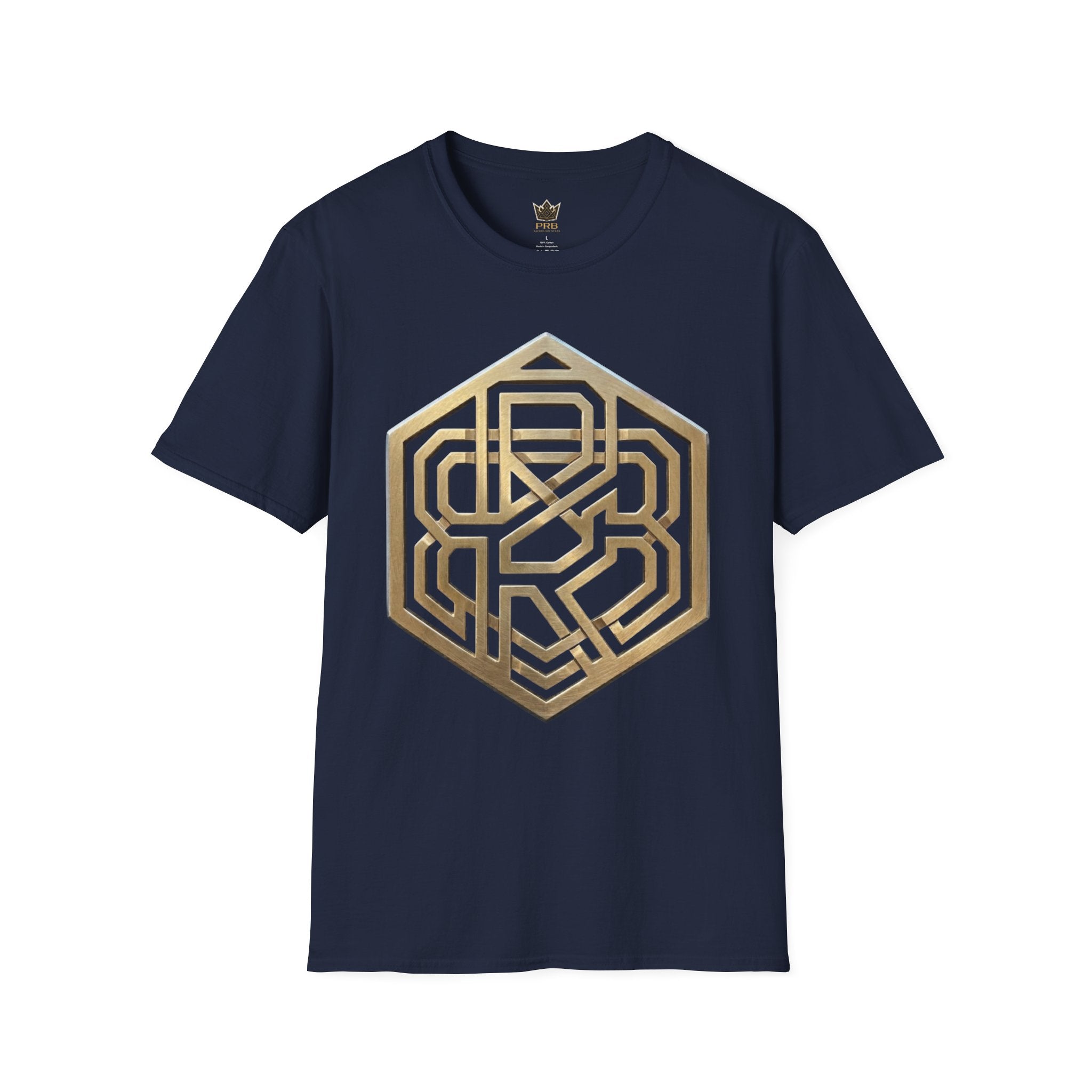 Power Runs Black PRB Geometric Gold Hexagon T-Shirt — Modern Maze Logo Tee by Printify