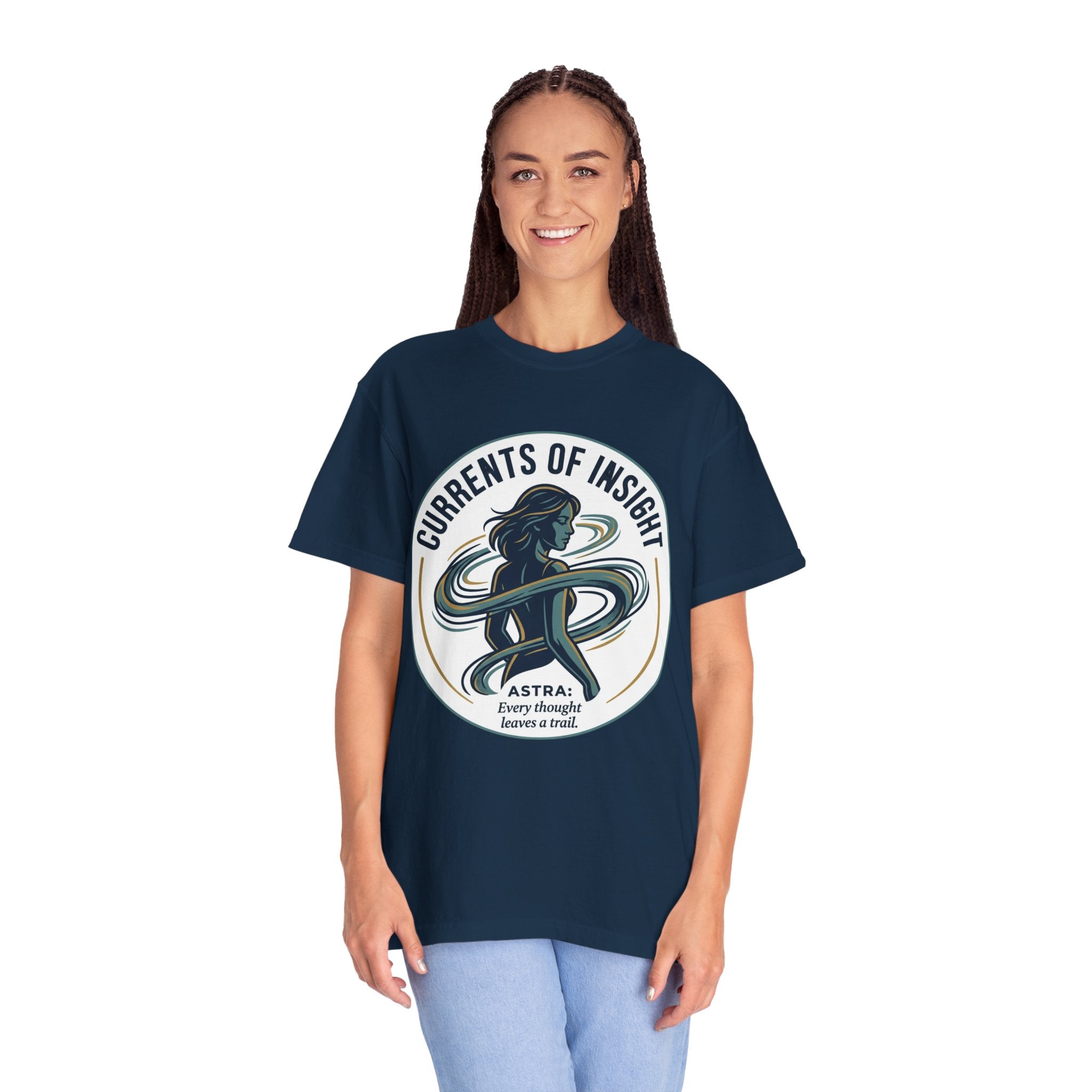 Power Runs Black Currents of Insight T-Shirt — 'Astra: Every thought leaves a trail' Graphic Tee by Power Runs Black