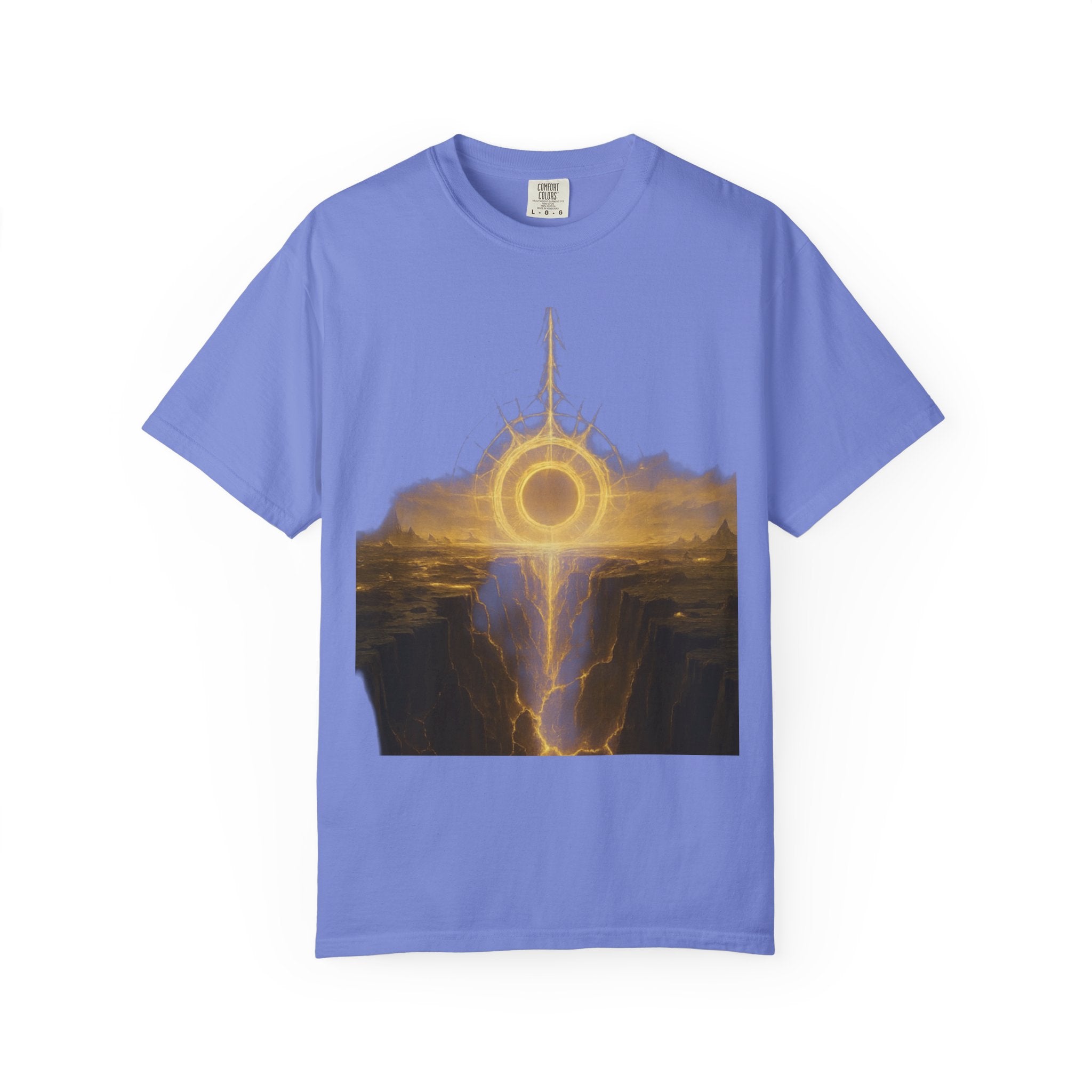 Power Runs Black PRB Golden Eclipse Portal T-shirt | Fantasy Landscape, Mystic Ring, Tower Art by Power Runs Black