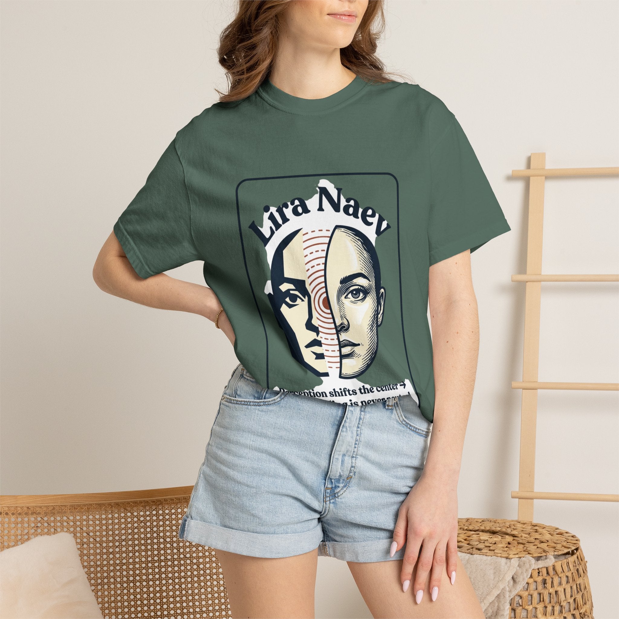 Power Runs Black PRB Lira Naev Split-Face Graphic T-Shirt — “Perception shifts the center” Statement Tee by Printify