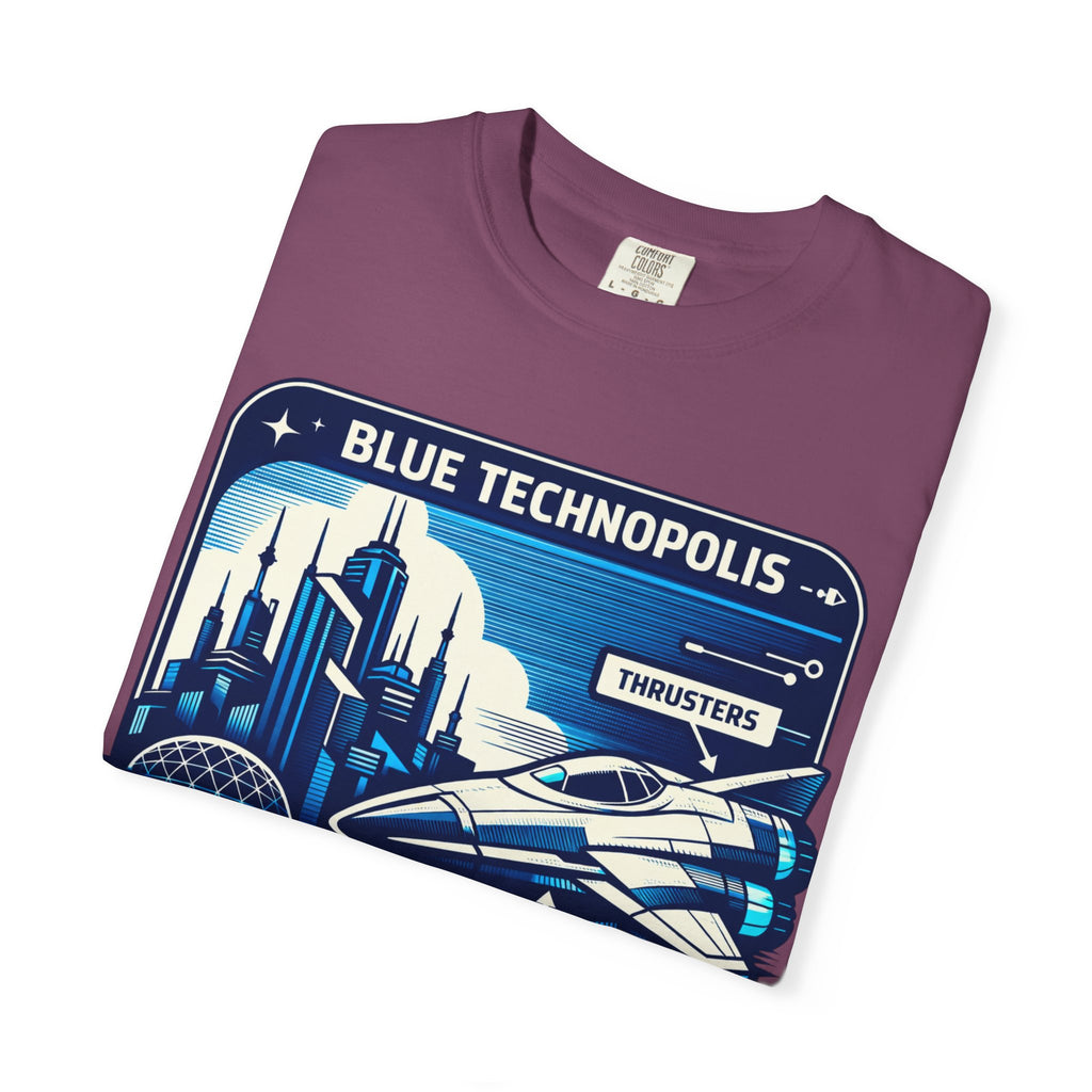 Power Runs Black PRB Technopolis Spacecraft T-Shirt — Blue Technopolis Retro Sci‑Fi Tee by Printify