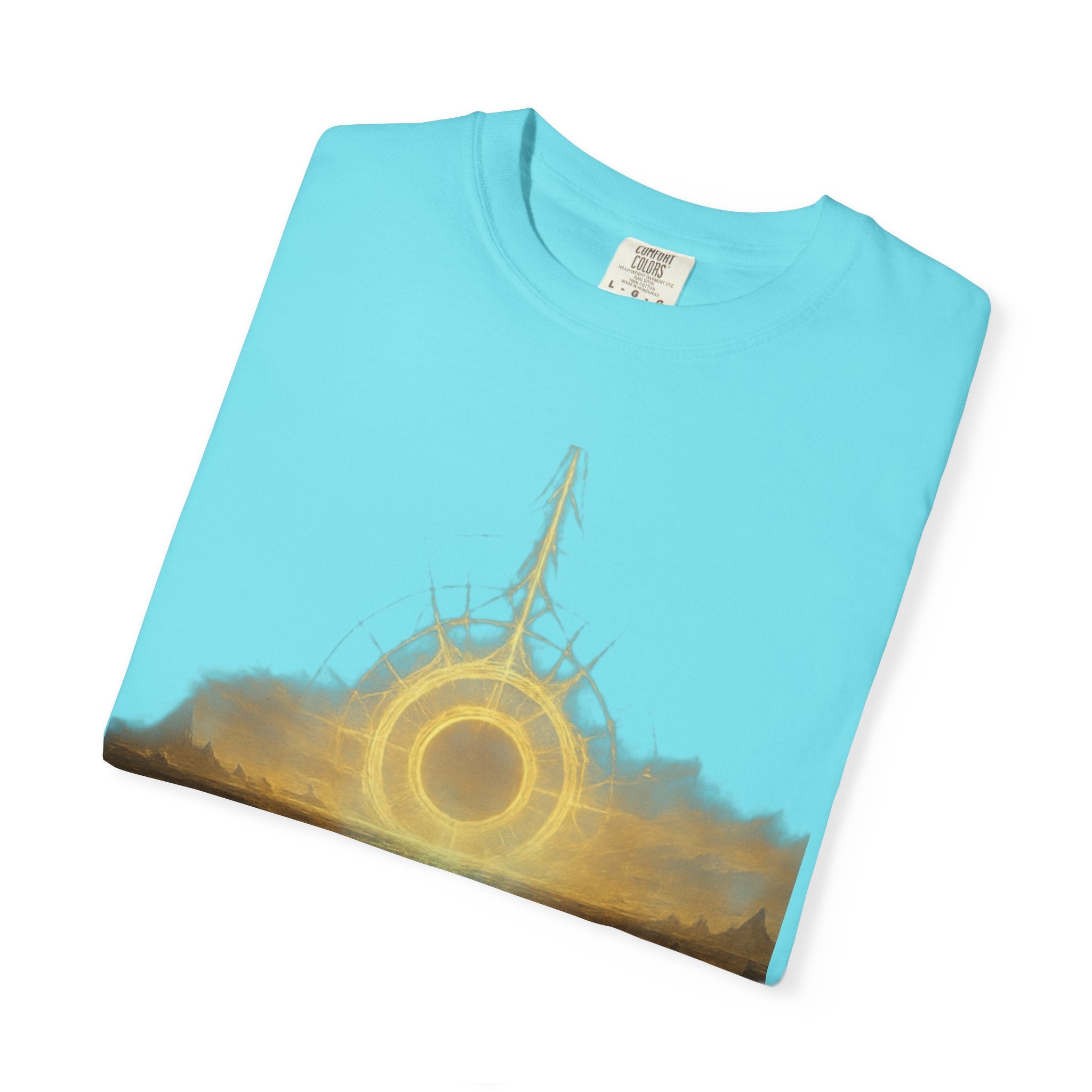 Power Runs Black PRB Golden Eclipse Portal T-shirt | Fantasy Landscape, Mystic Ring, Tower Art by Power Runs Black