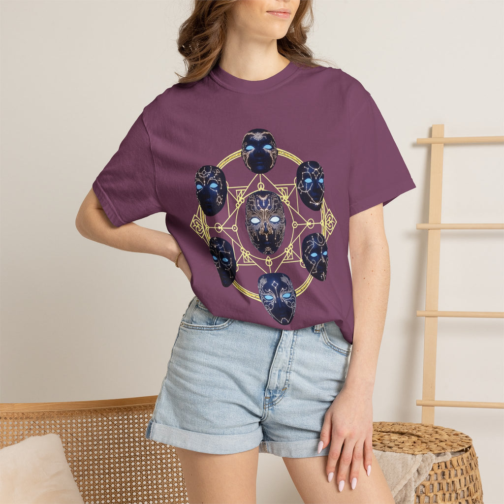 PRB Tribal Mask Circle Graphic Tee, Spiritual Afrocentric Art by Printify