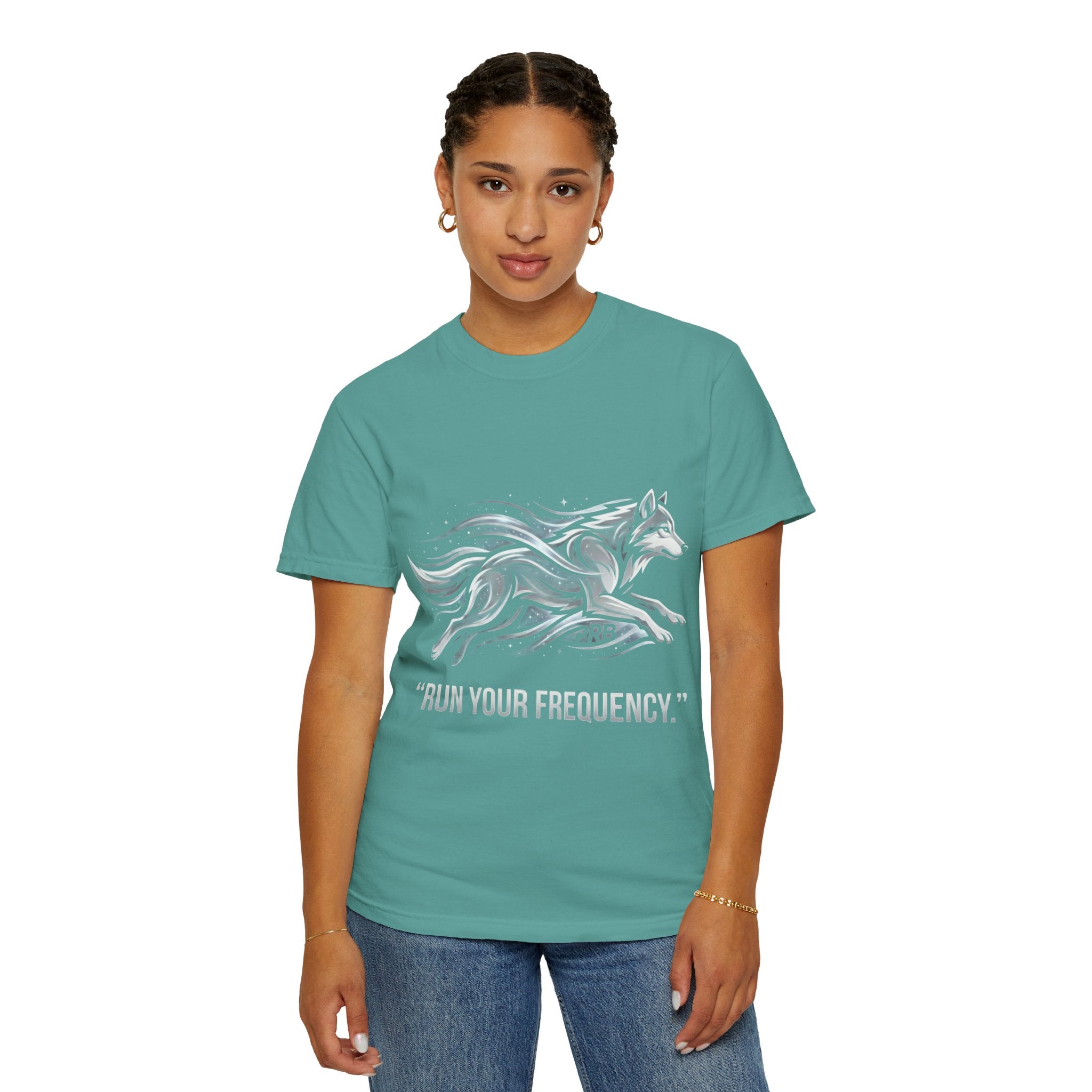 Wolf Graphic T-Shirt — 'Run Your Frequency' Motivational Tee by Printify
