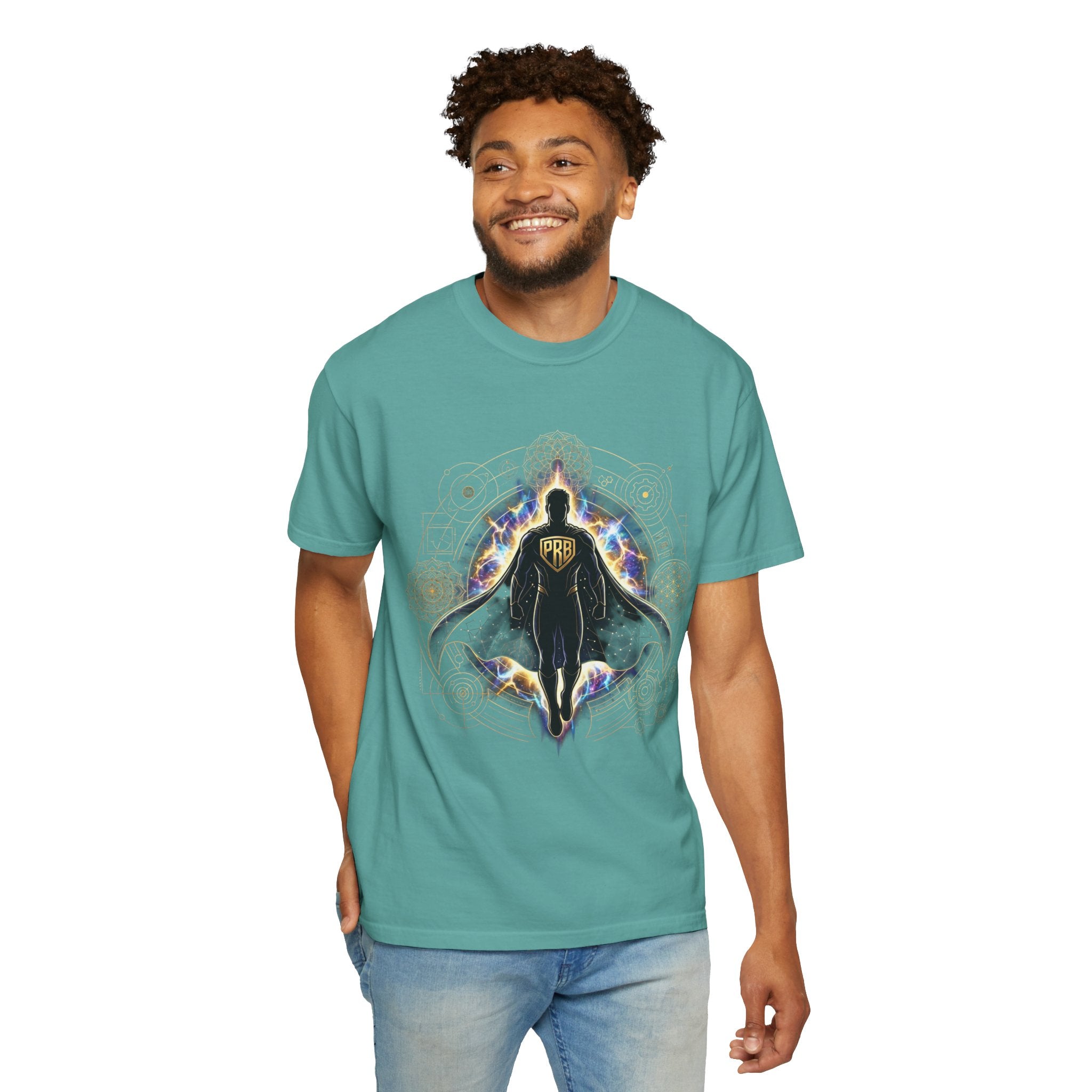 PRB Mystic Cloaked Hero Graphic T-Shirt | Cosmic Aura Geometric Streetwear Tee by Printify