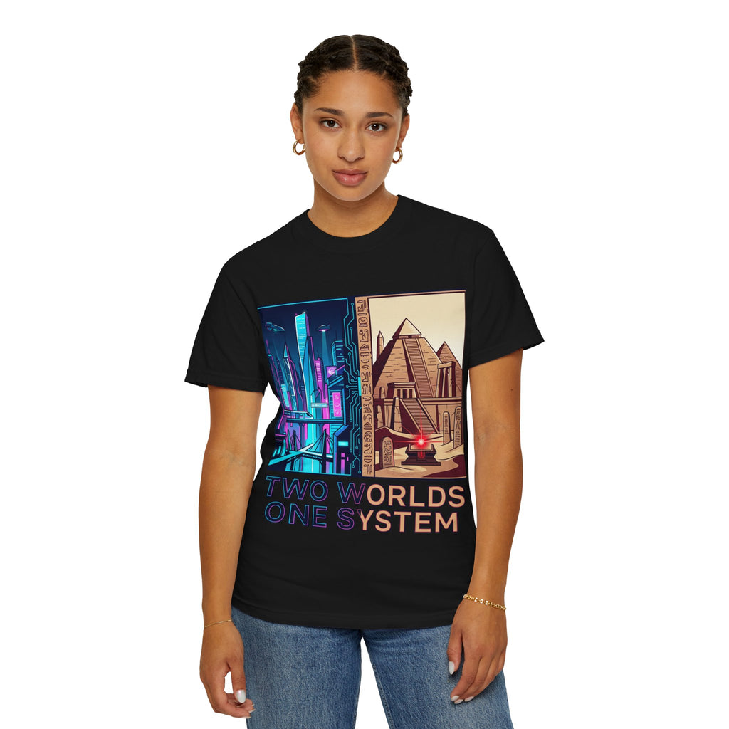 Power Runs Black PRB Blue Technopolis/ Red Dominion Two Worlds One System T-Shirt by Power Runs Black