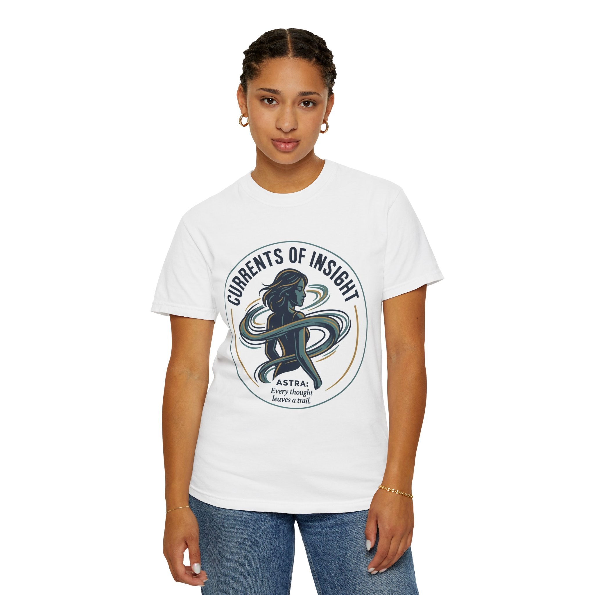 Power Runs Black Currents of Insight T-Shirt — 'Astra: Every thought leaves a trail' Graphic Tee by Power Runs Black