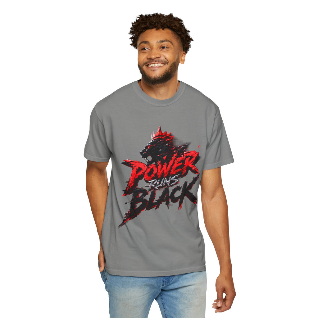 Power Runs Black T-shirt | Wolf Silhouette, Red Black Graphic Tee by Power Runs Black