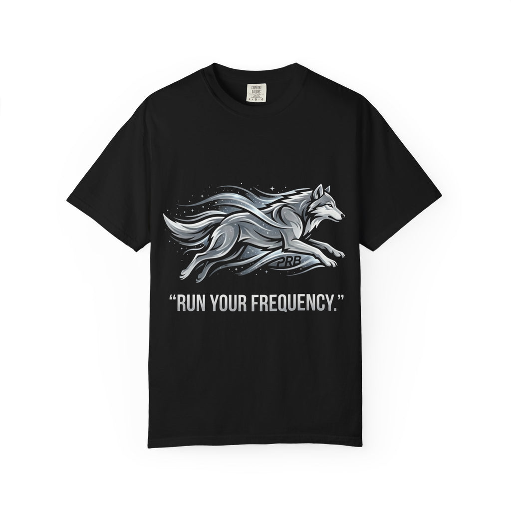 Wolf Graphic T-Shirt — 'Run Your Frequency' Motivational Tee by Printify