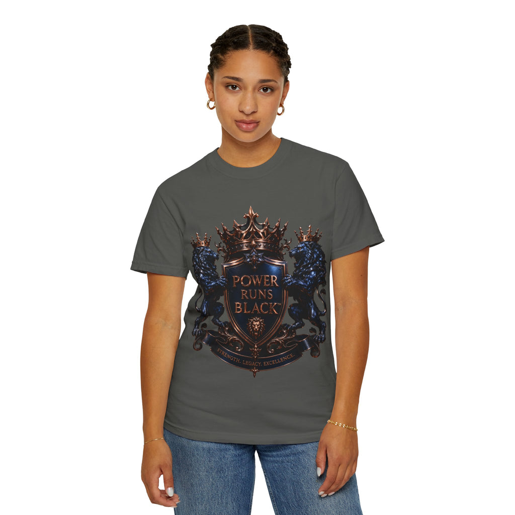 Power Runs Black Crest T-shirt | Heraldic Lion Shield Tee by Power Runs Black
