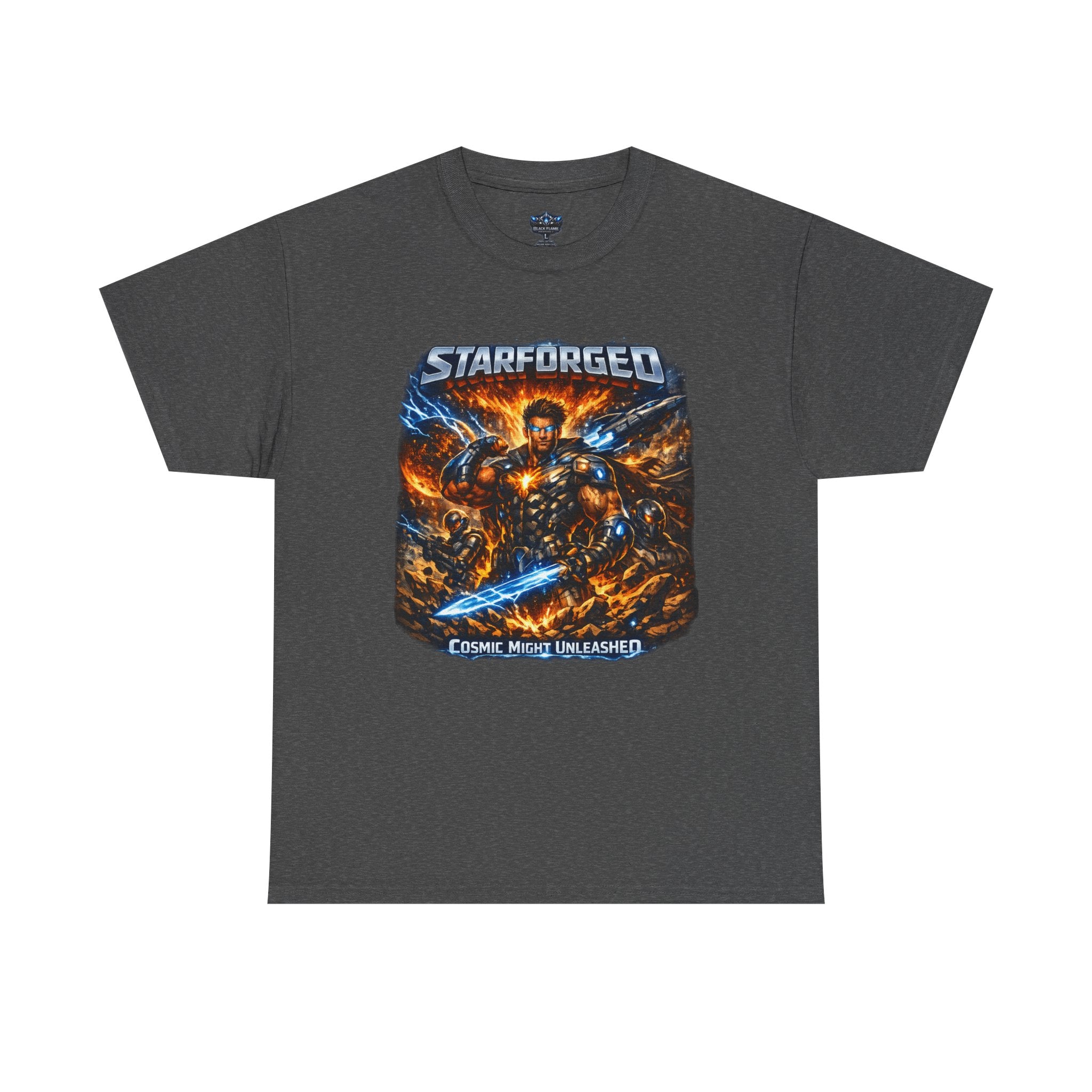 Starforged Flex : Cosmic Might Unleashed Illustration Graphic T by Power Runs Black
