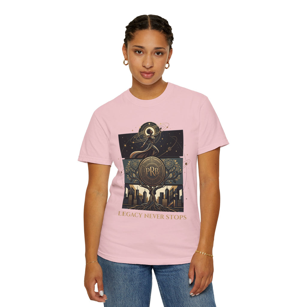 PRB Legacy Never Stops Graphic T-Shirt | Art Deco City Skyline Tee by Printify