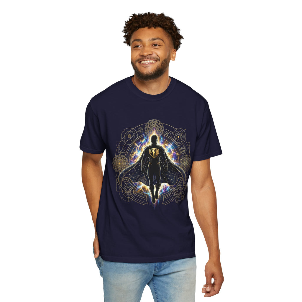 PRB Mystic Cloaked Hero Graphic T-Shirt | Cosmic Aura Geometric Streetwear Tee by Printify