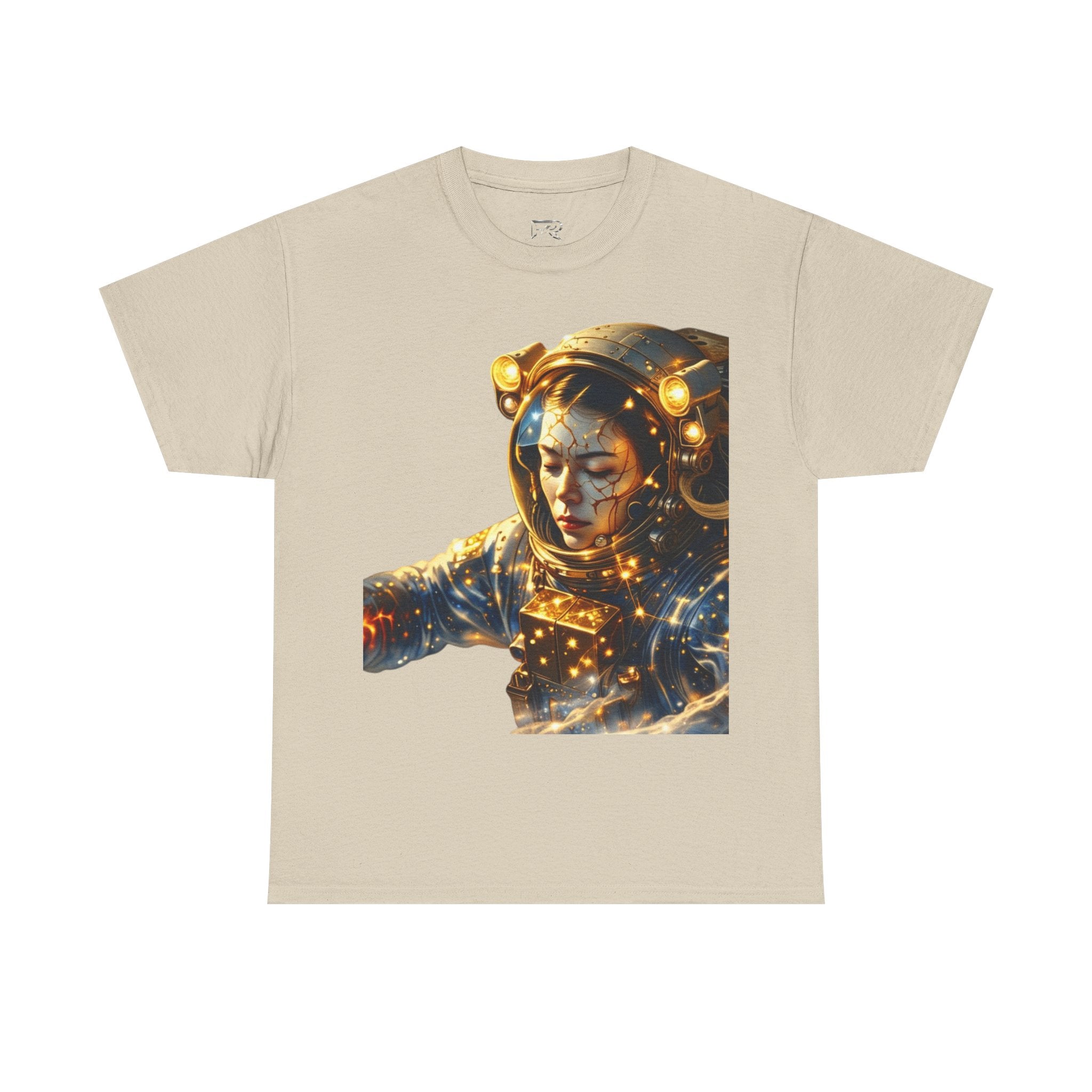 Power Runs Black PRB Golden Astronaut Portrait T-Shirt | Space Helmet Art, Cosmic Lights by Printify