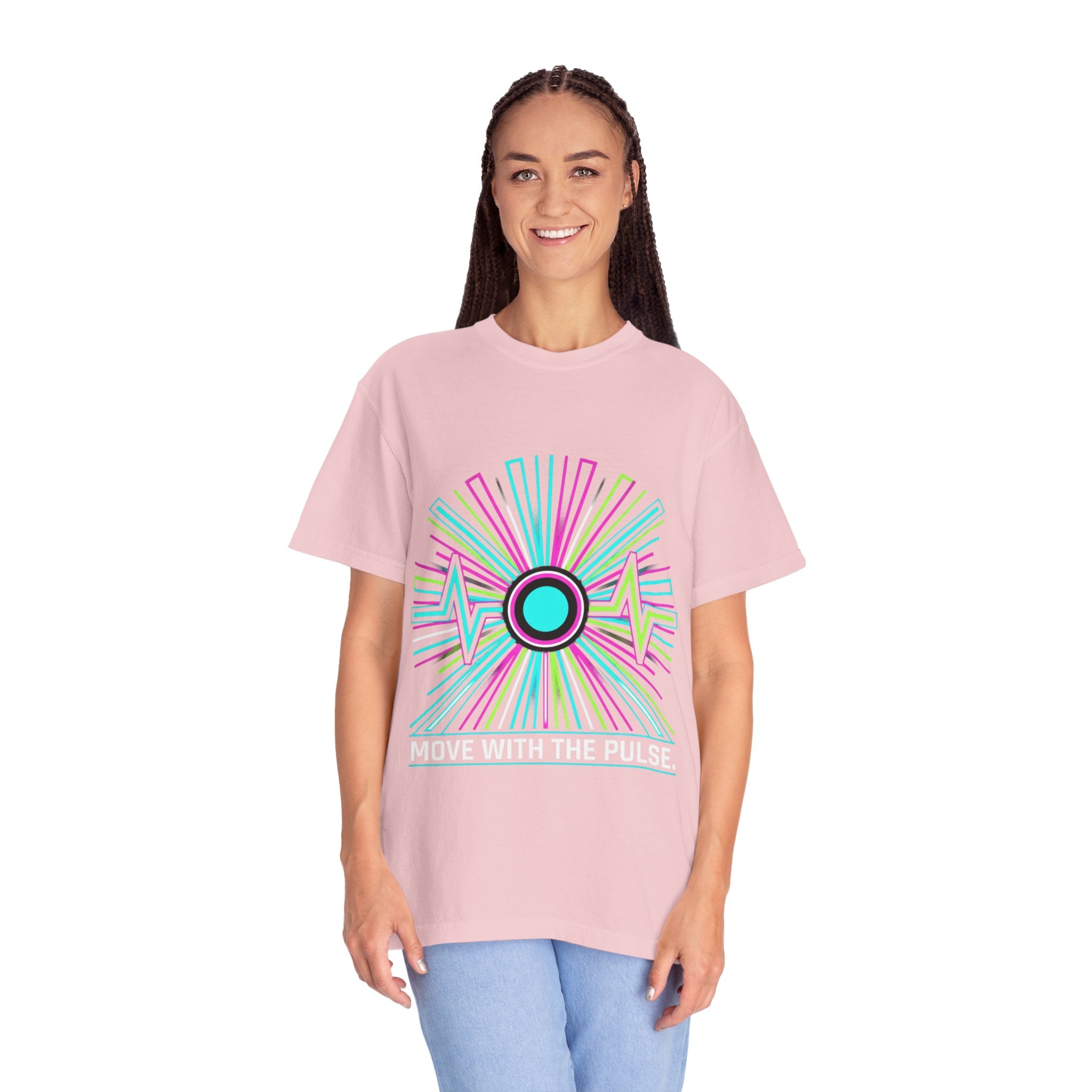 Power Runs Black PRB Electric "Move With Pulse" Graphic T-Shirt — Neon Sunburst Design by Power Runs Black