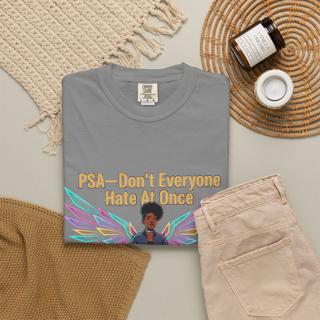 T-Shirt — PSA “Don't Everyone Hate At Once” Angel Wings Graphic Tee by Printify