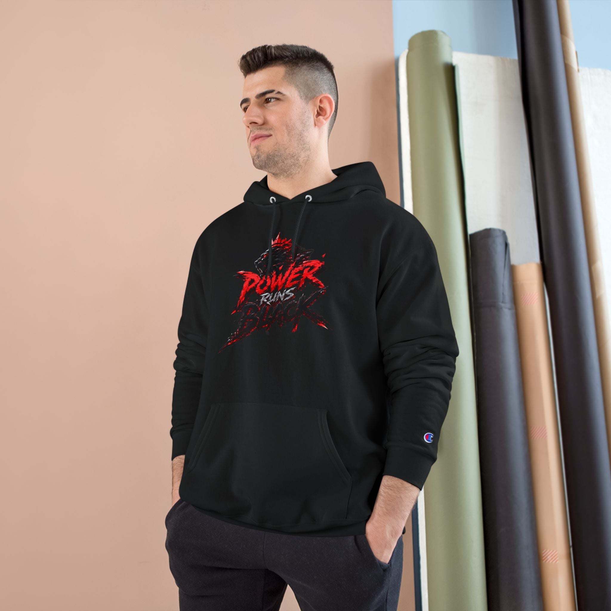 Power Runs Black logo hoodie | Flame crest design by Power Runs Black