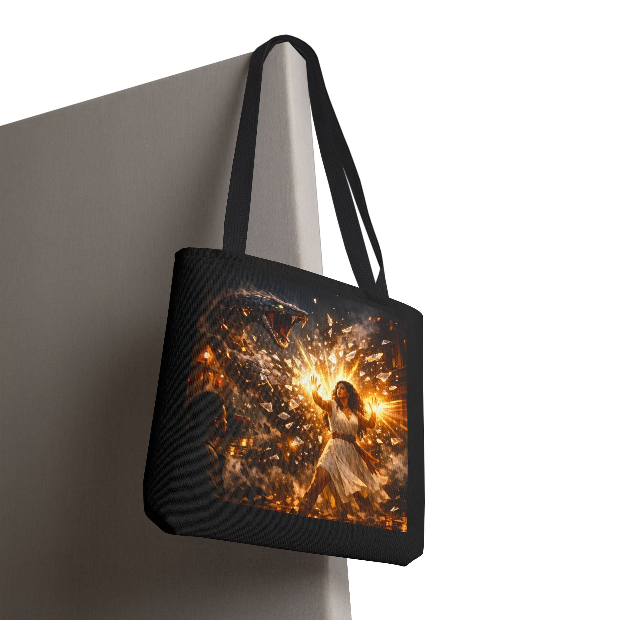 PRB Raging Serpent Burst tote bag | Fantasy serpent explosion art by Power Runs Black