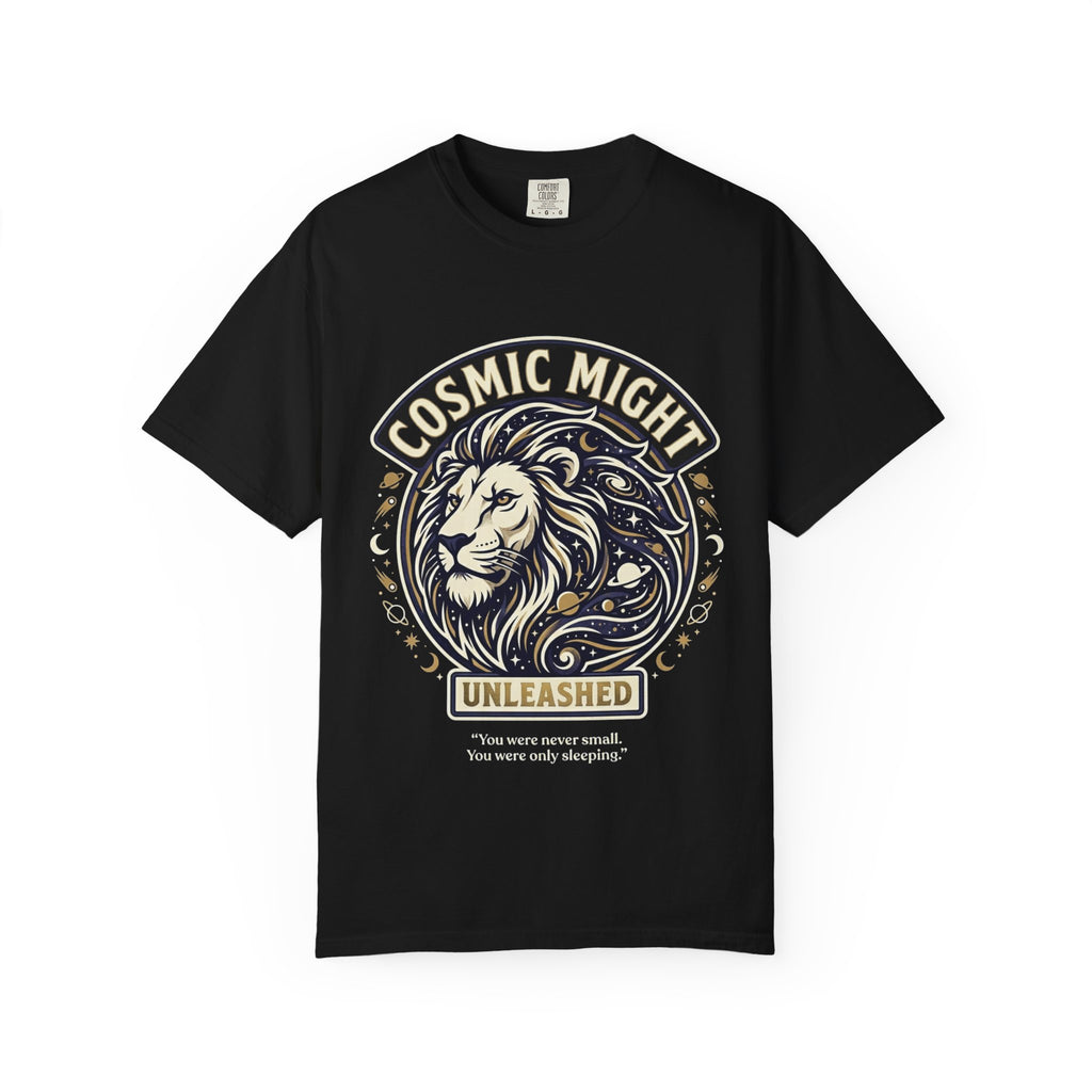 PRB Starforged Flex Cosmic Might Unleashed Lion Graphic T-Shirt — "Unleashed" Inspirational Lion Tee by Power Runs Black