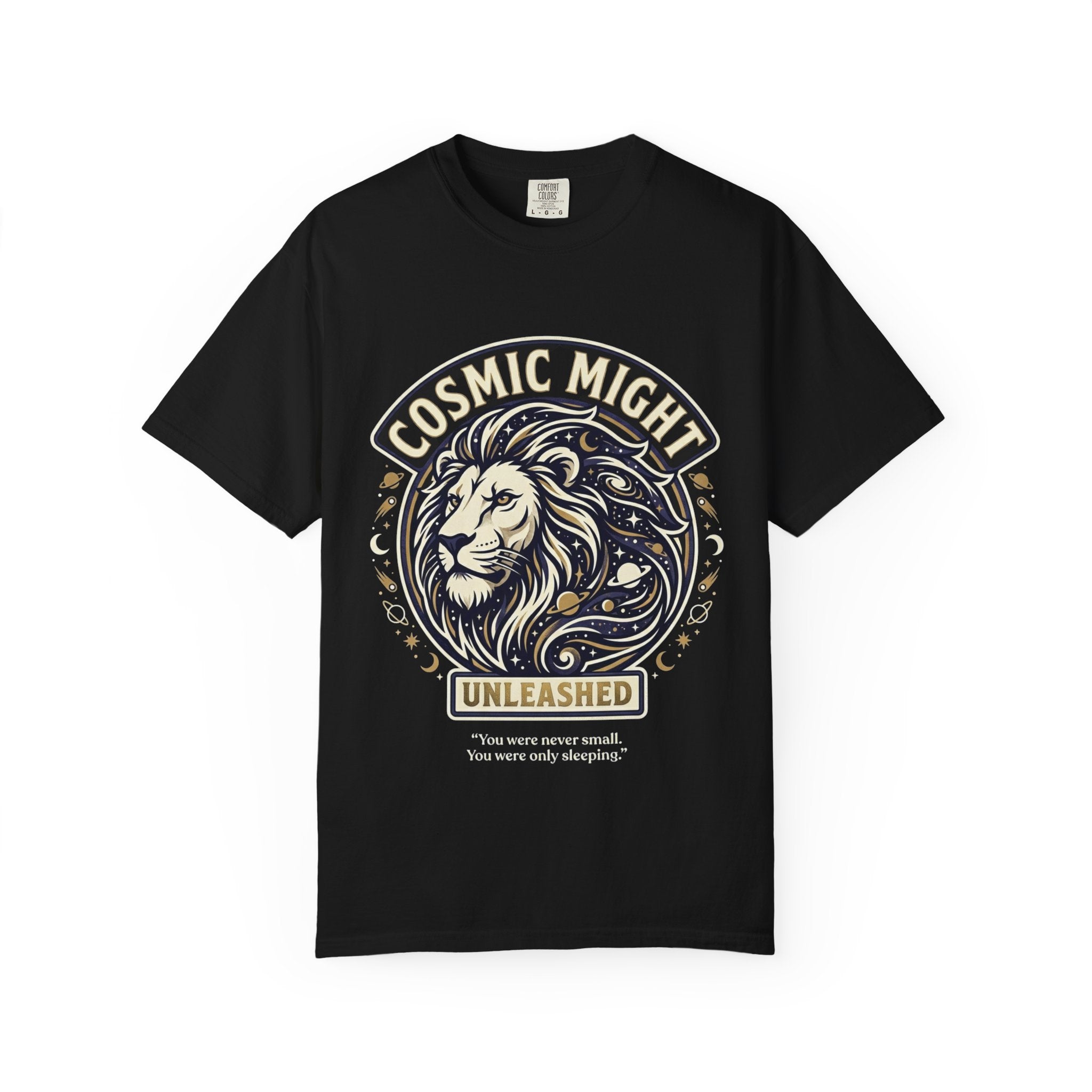 PRB Starforged Flex Cosmic Might Unleashed Lion Graphic T-Shirt — "Unleashed" Inspirational Lion Tee by Power Runs Black