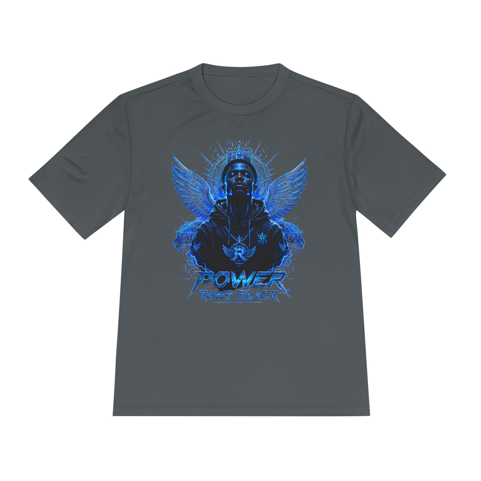 Power Runs Black graphic Tee | Blue angel wings, armored figure, bold script by Power Runs Black