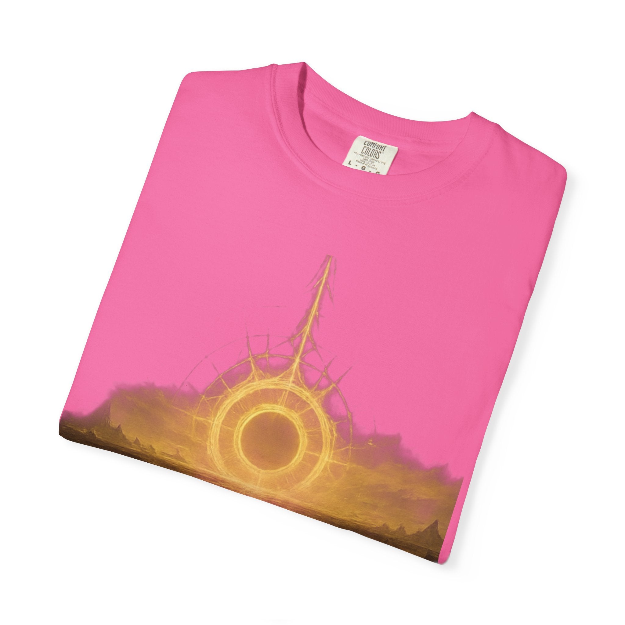 Power Runs Black PRB Golden Eclipse Portal T-shirt | Fantasy Landscape, Mystic Ring, Tower Art by Power Runs Black