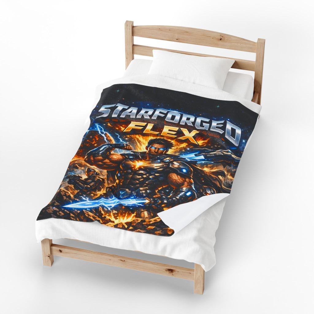 Power Runs Black Starforged Flex Velveteen Plush Blanket — Sci‑Fi Warrior Graphic Throw by Power Runs Black