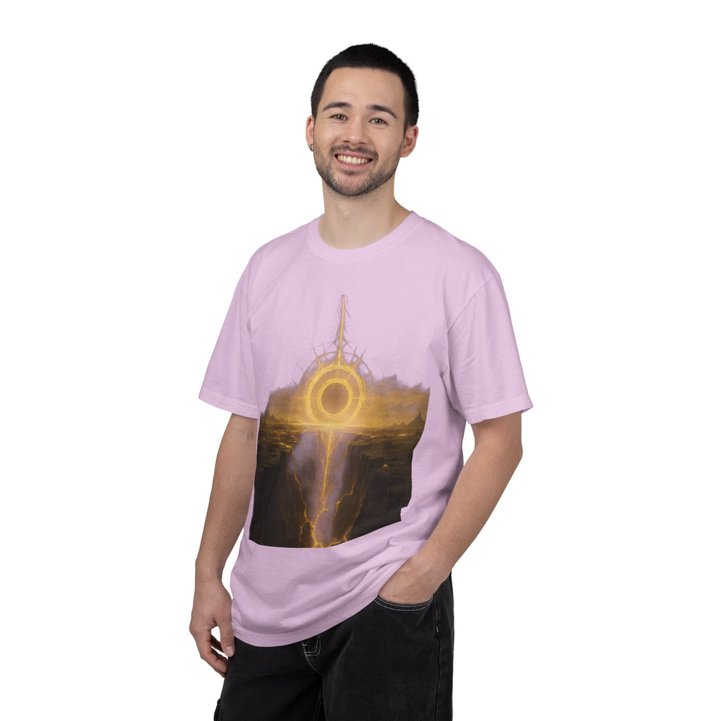 Power Runs Black PRB Golden Eclipse Portal T-shirt | Fantasy Landscape, Mystic Ring, Tower Art by Power Runs Black