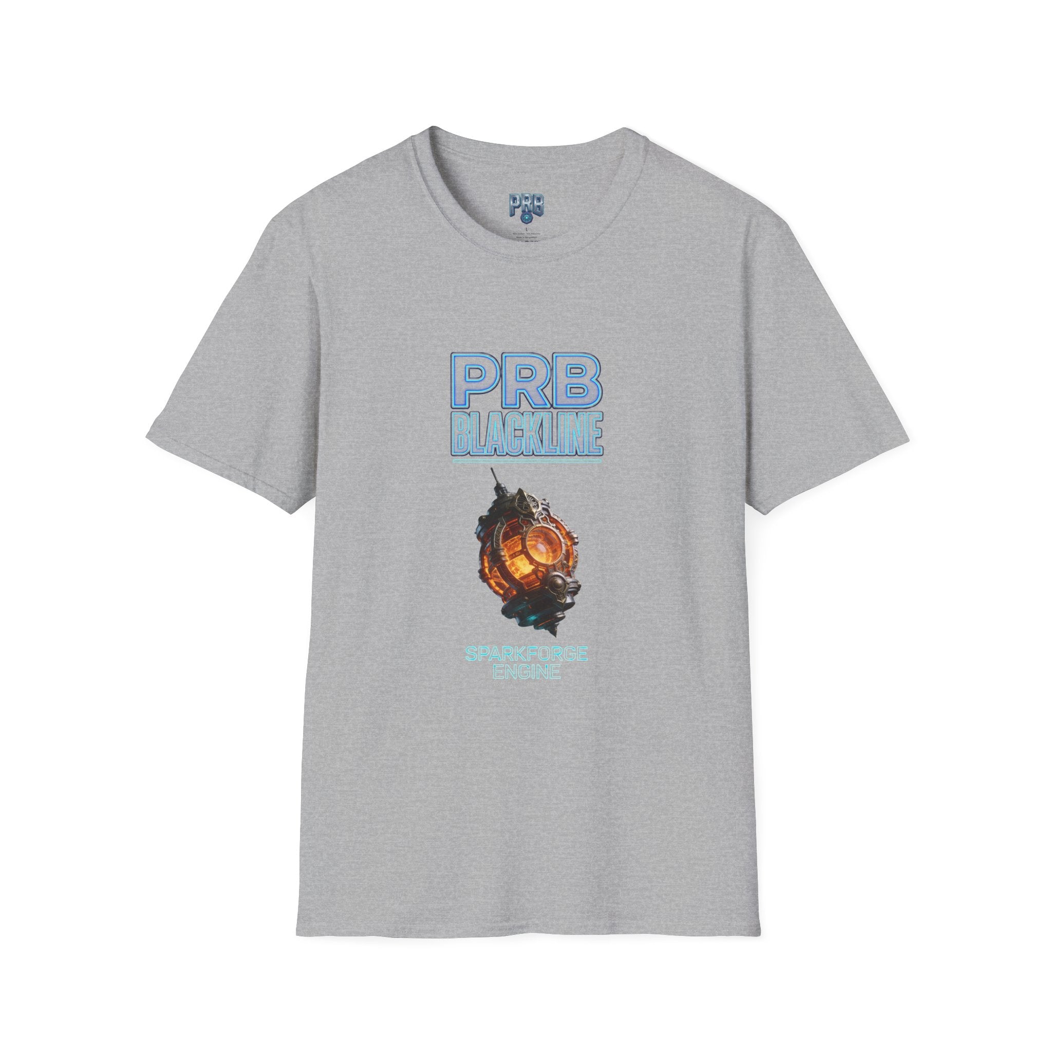 PRB Blackline Sparkforge Engine T‑Shirt — Sci‑Fi Mechanical Graphic Tee by Power Runs Black