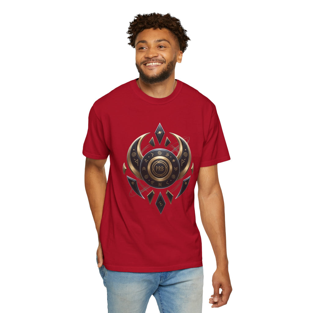 Power Runs Black Mystic Compass Disc T-Shirt — Geometric Gold & Black Emblem Tee by Printify