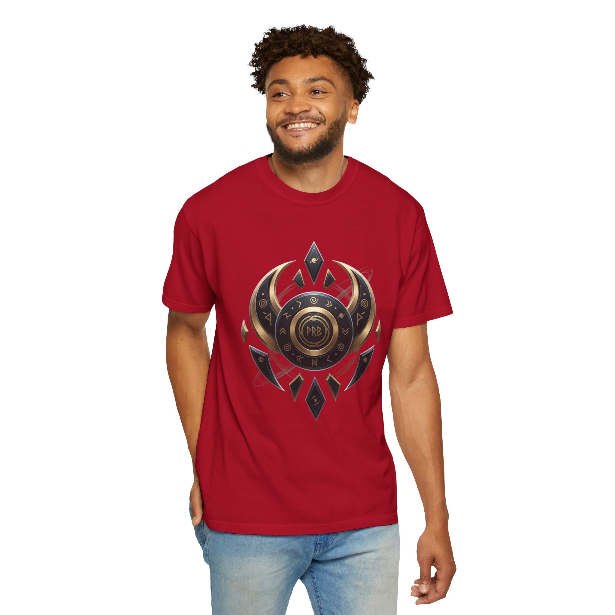 Power Runs Black Mystic Compass Disc T-Shirt — Geometric Gold & Black Emblem Tee by Printify