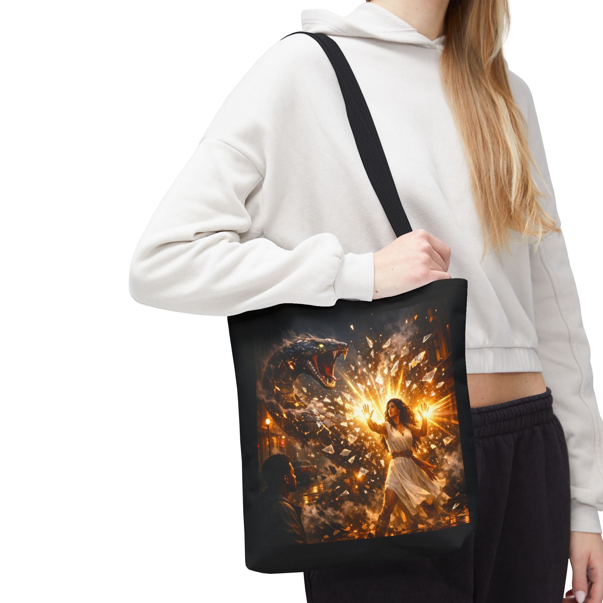 PRB Raging Serpent Burst tote bag | Fantasy serpent explosion art by Power Runs Black