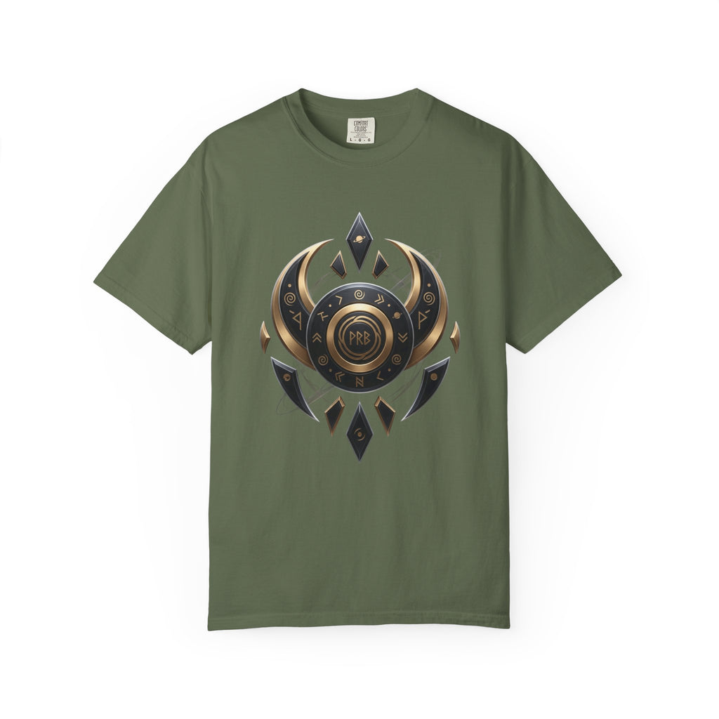 Power Runs Black Mystic Compass Disc T-Shirt — Geometric Gold & Black Emblem Tee by Printify