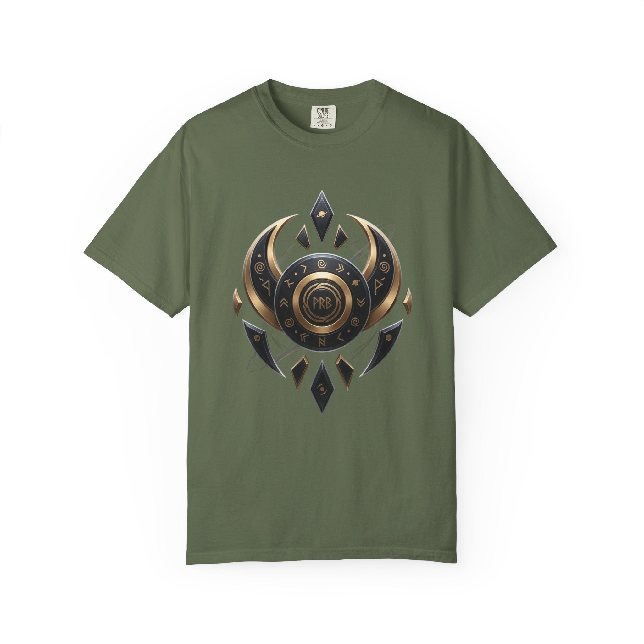 Power Runs Black Mystic Compass Disc T-Shirt — Geometric Gold & Black Emblem Tee by Printify