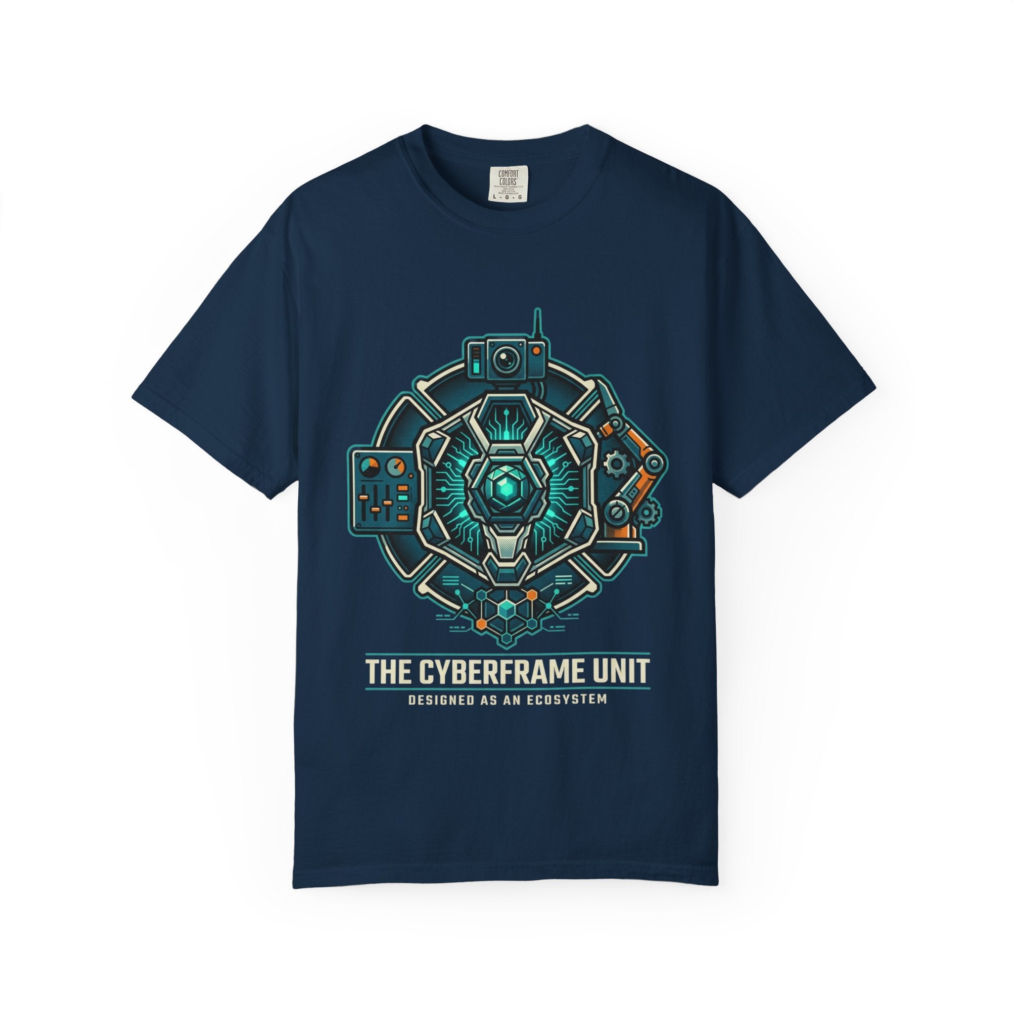 Power Runs Black Cyberframe Unit T-Shirt — Futuristic Tech Armor Graphic Tee by Power Runs Black