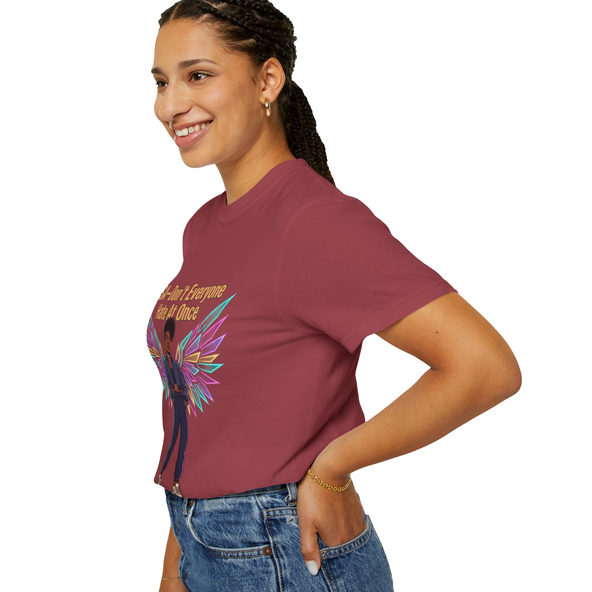 T-Shirt — PSA “Don't Everyone Hate At Once” Angel Wings Graphic Tee by Printify