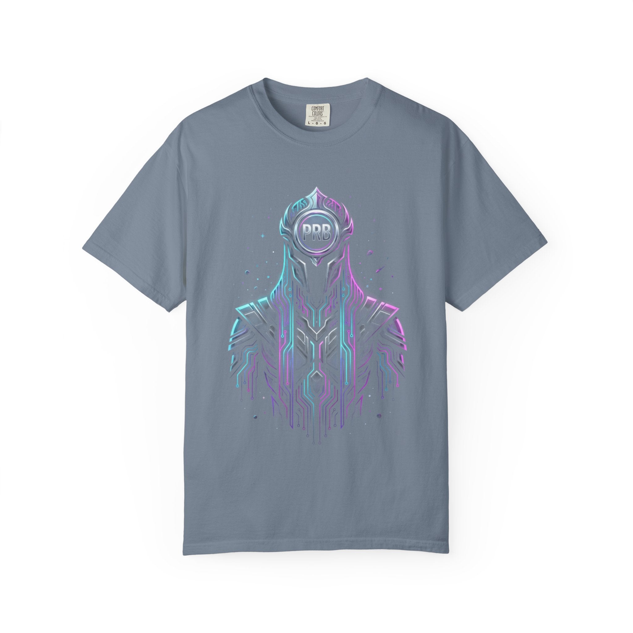 Printify PRB Machine‑Spirit Overlord 4K Futuristic Geometric Helmet T-Shirt | Neon Tech Line Art - T-Shirt