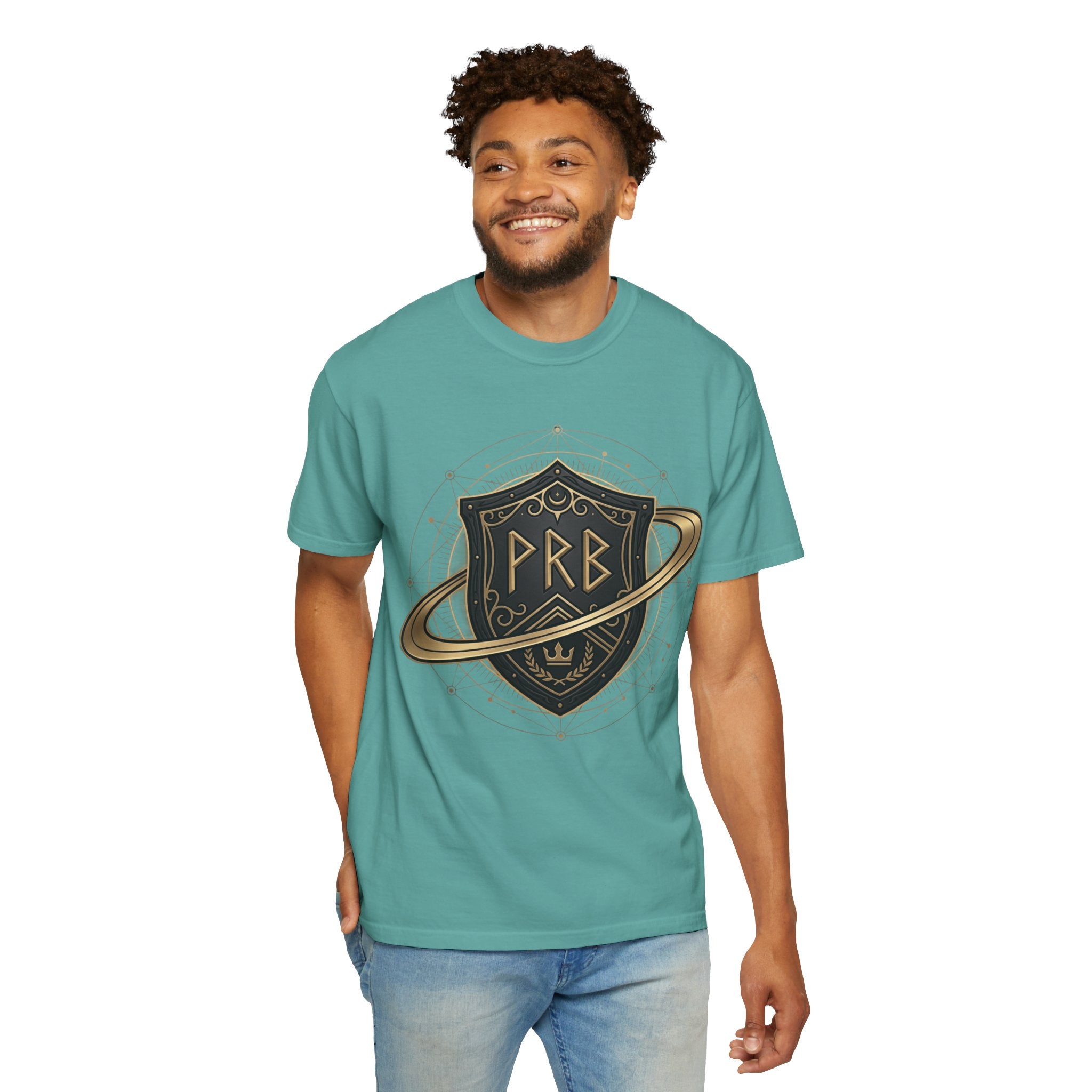 Power Runs Black Astral Crest Shield PRB T-Shirt | Saturn Ring Emblem, Gothic Heraldry by Printify
