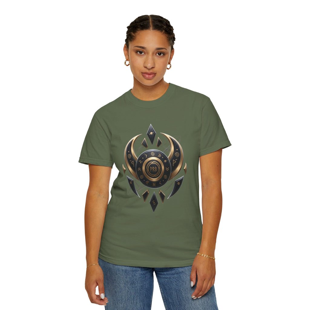 Power Runs Black Mystic Compass Disc T-Shirt — Geometric Gold & Black Emblem Tee by Printify