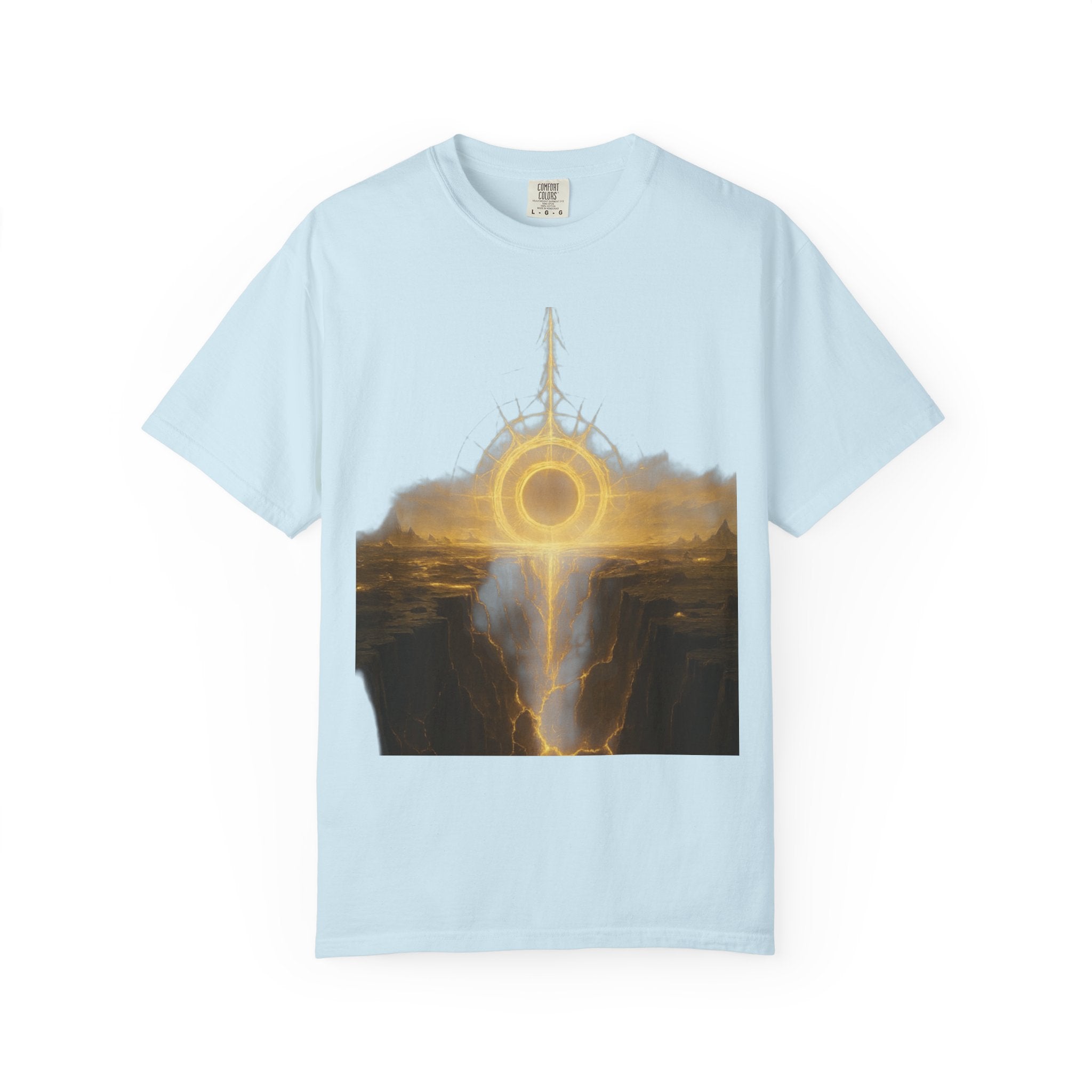 Power Runs Black PRB Golden Eclipse Portal T-shirt | Fantasy Landscape, Mystic Ring, Tower Art by Power Runs Black