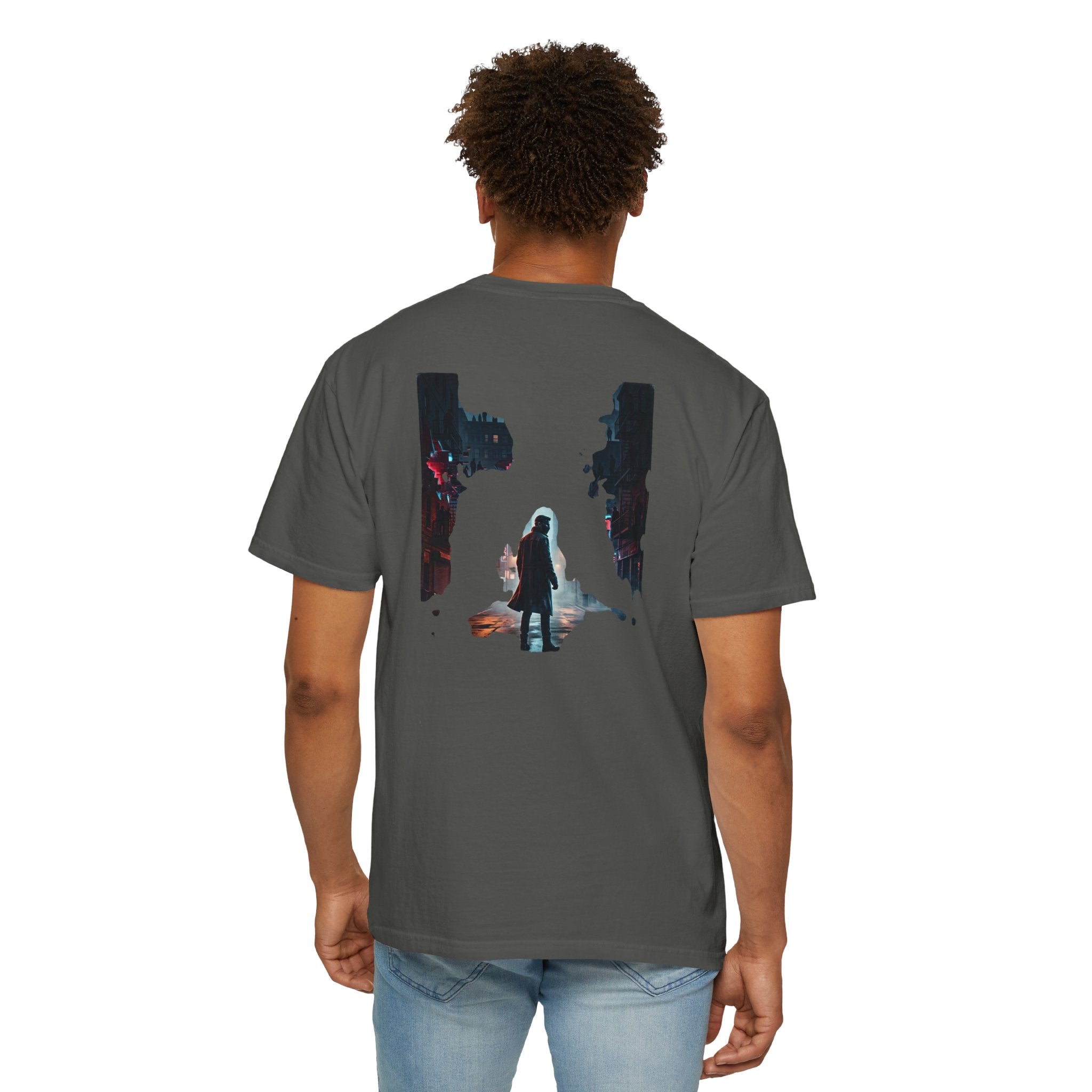 Syndication Loop Cyberpunk Portrait Tee — Tech-Noir Graphic T-Shirt | Power Runs Black by Printify