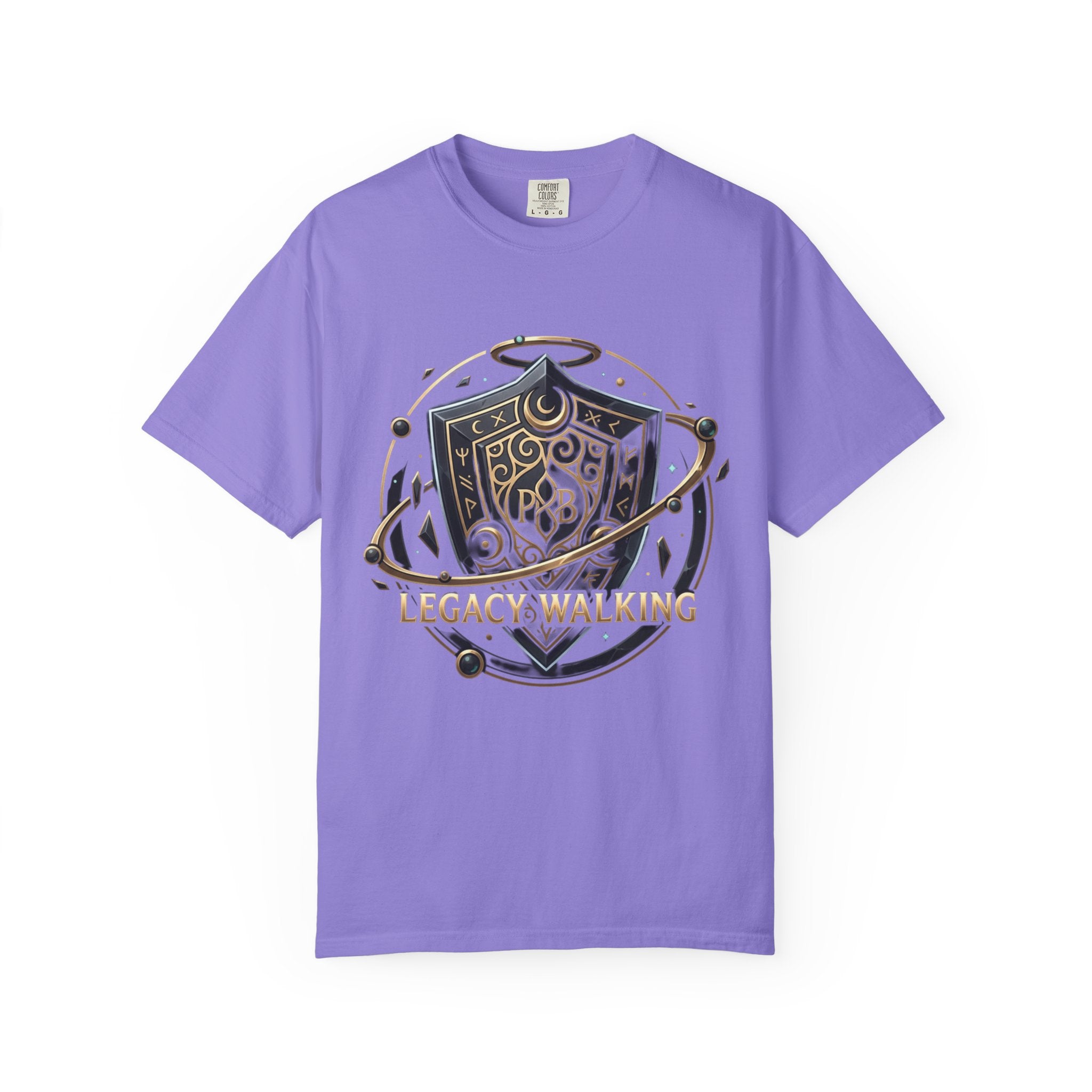 Legacy Walking Shield Graphic T-Shirt | Fantasy Crest Emblem Tee by Printify