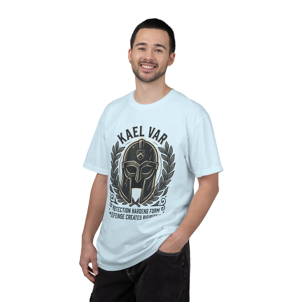 Power Runs Black PRB Kael Var Helmet Graphic T-Shirt — "Protection Hardens Form" Warrior Tee by Printify
