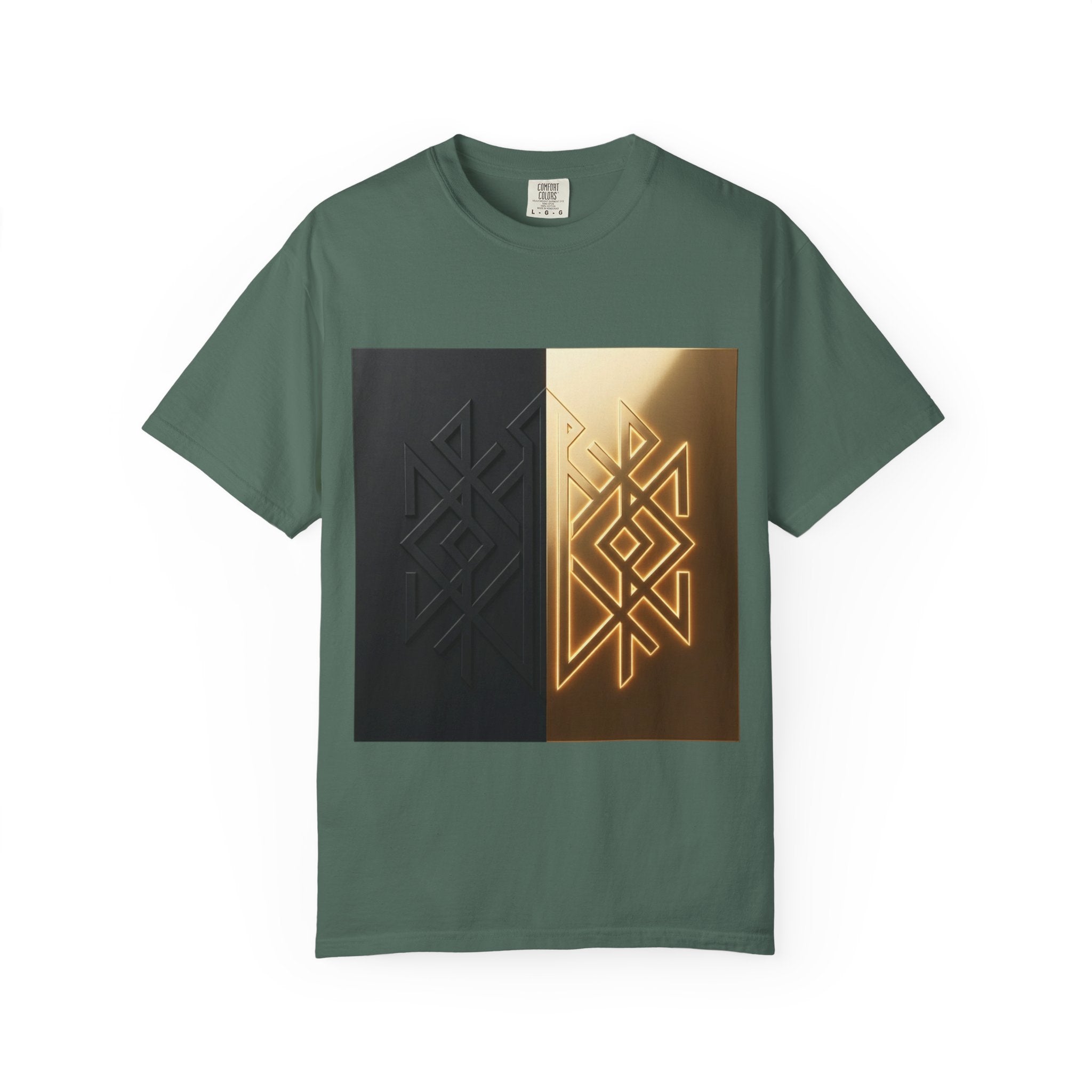 Power Runs Black PRB Geometric Split Glow T-Shirt — Black & Gold Tribal Diamond Graphic by Power Runs Black